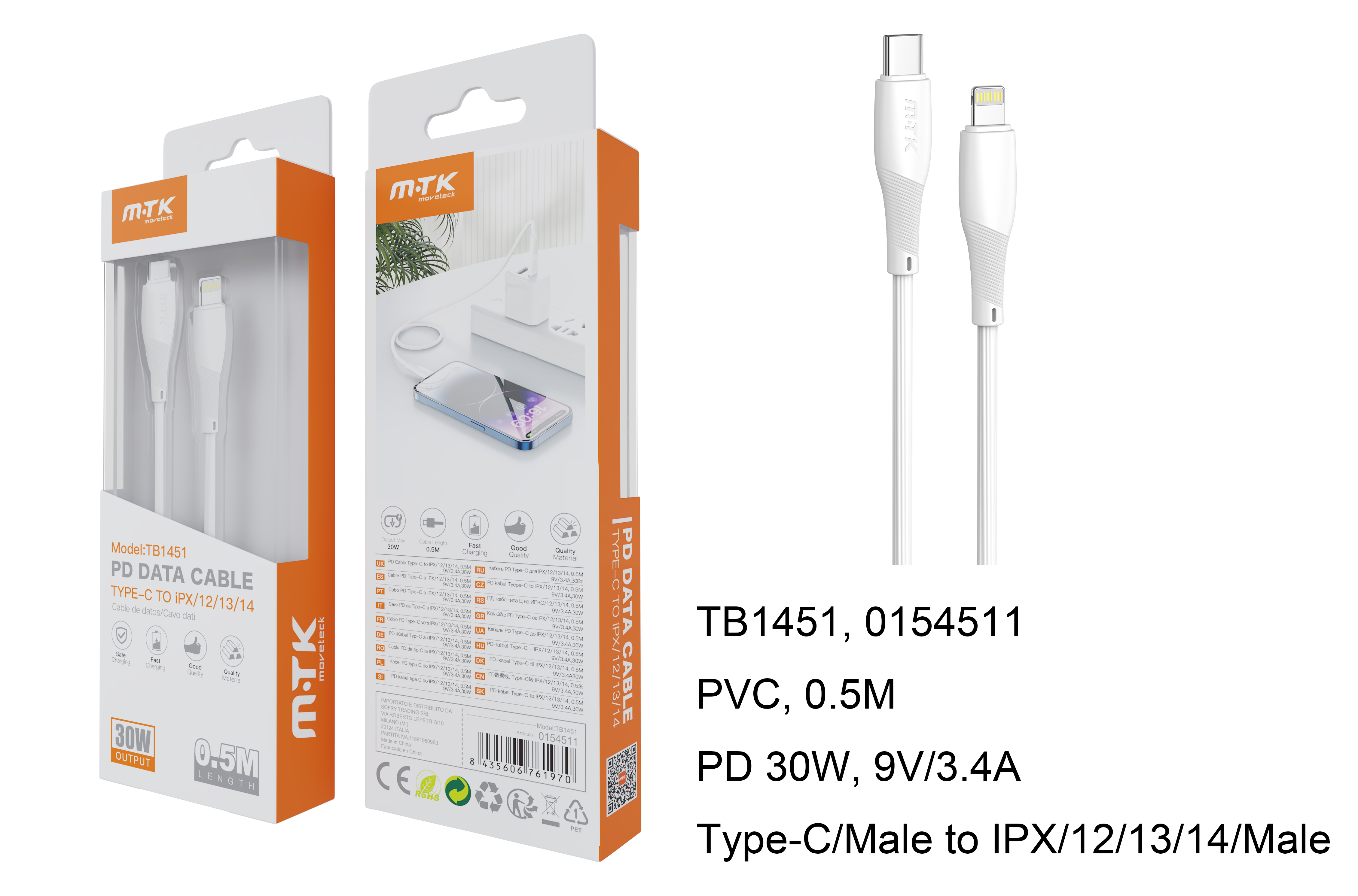 TB1451 BL Cable de Datos Walsh PD Type C a Lightning, 30W/9V/3.4A, Cable 0.5m, Blanco