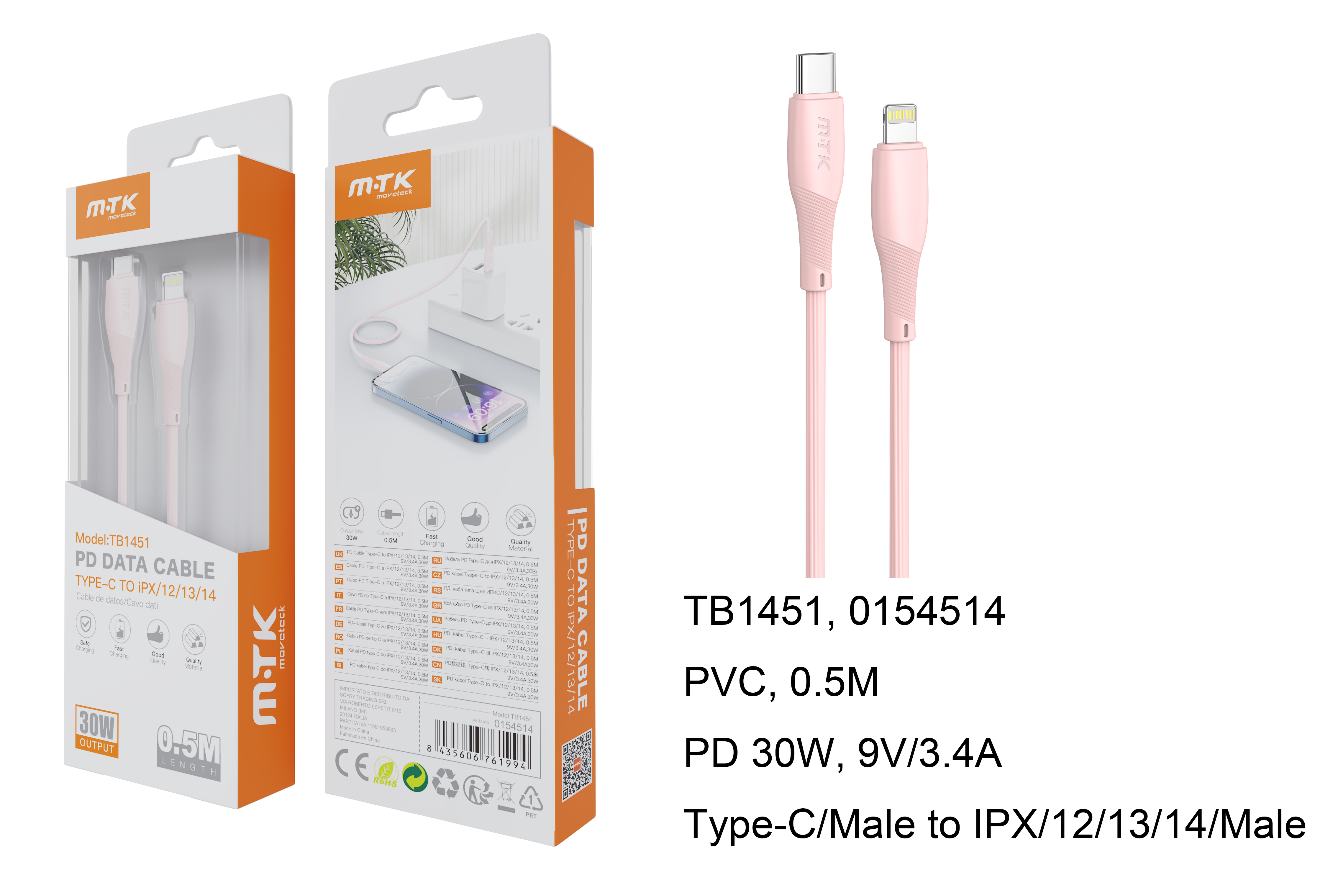 TB1451 RS Cable de Datos Walsh PD Type C a Lightning, 30W/9V/3.4A, Cable 0.5m, Rosa