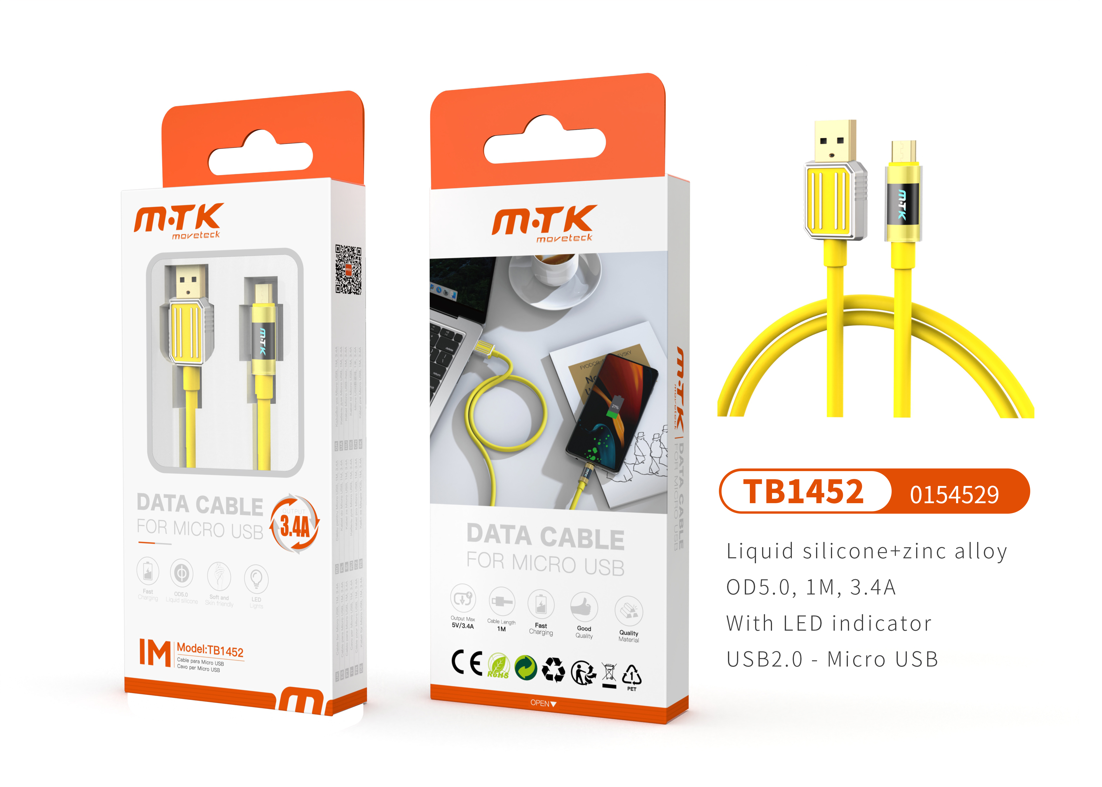 TB1452 AM Luxury Cable de datos Zinc Alloy+Silicona Aimee para Micro USB Con indicador Led, 5V/3.4A,
