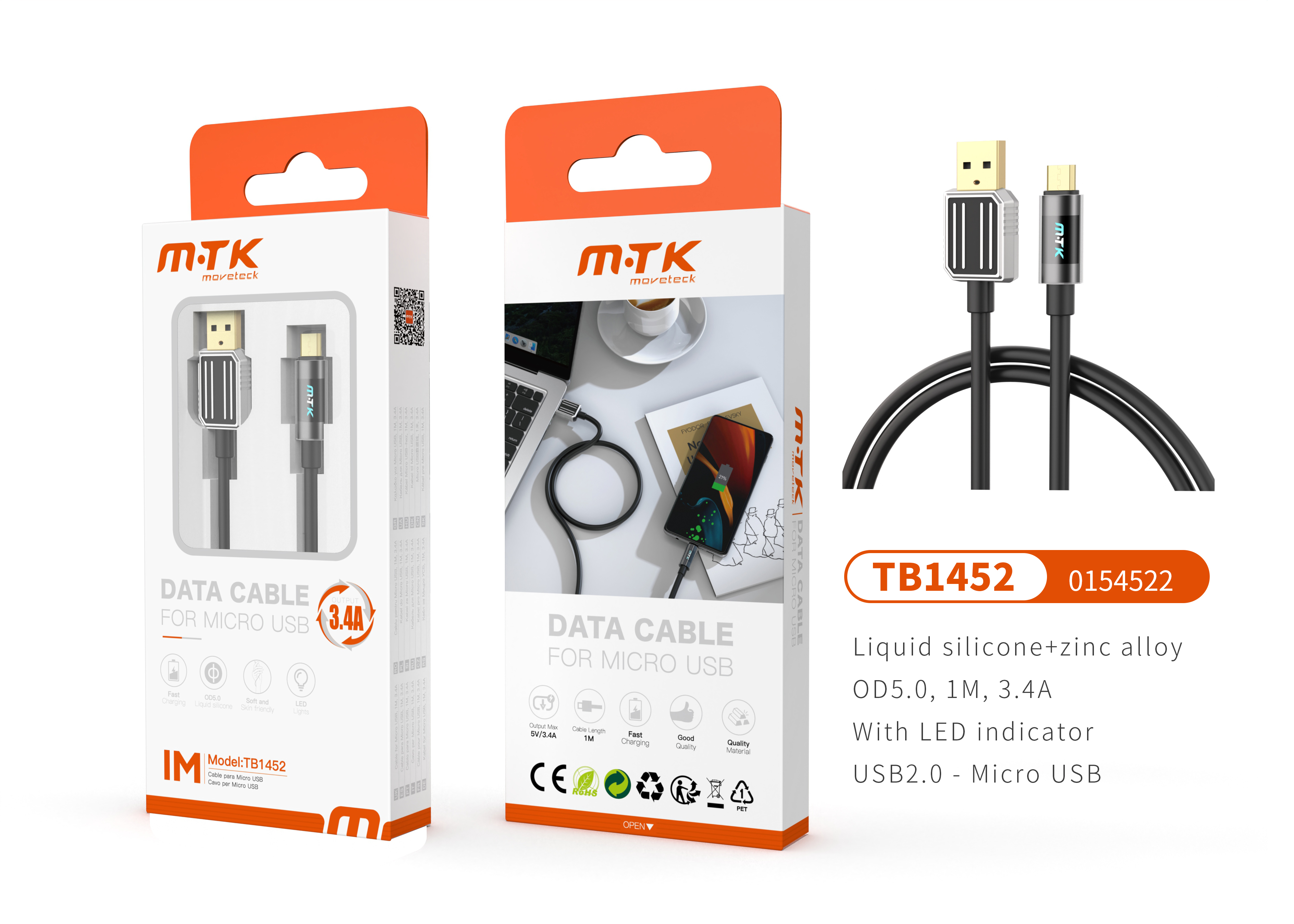 TB1452 NE Luxury Cable de datos Zinc Alloy+Silicona Aimee para Micro USB Con indicador Led, 5V/3.4A,