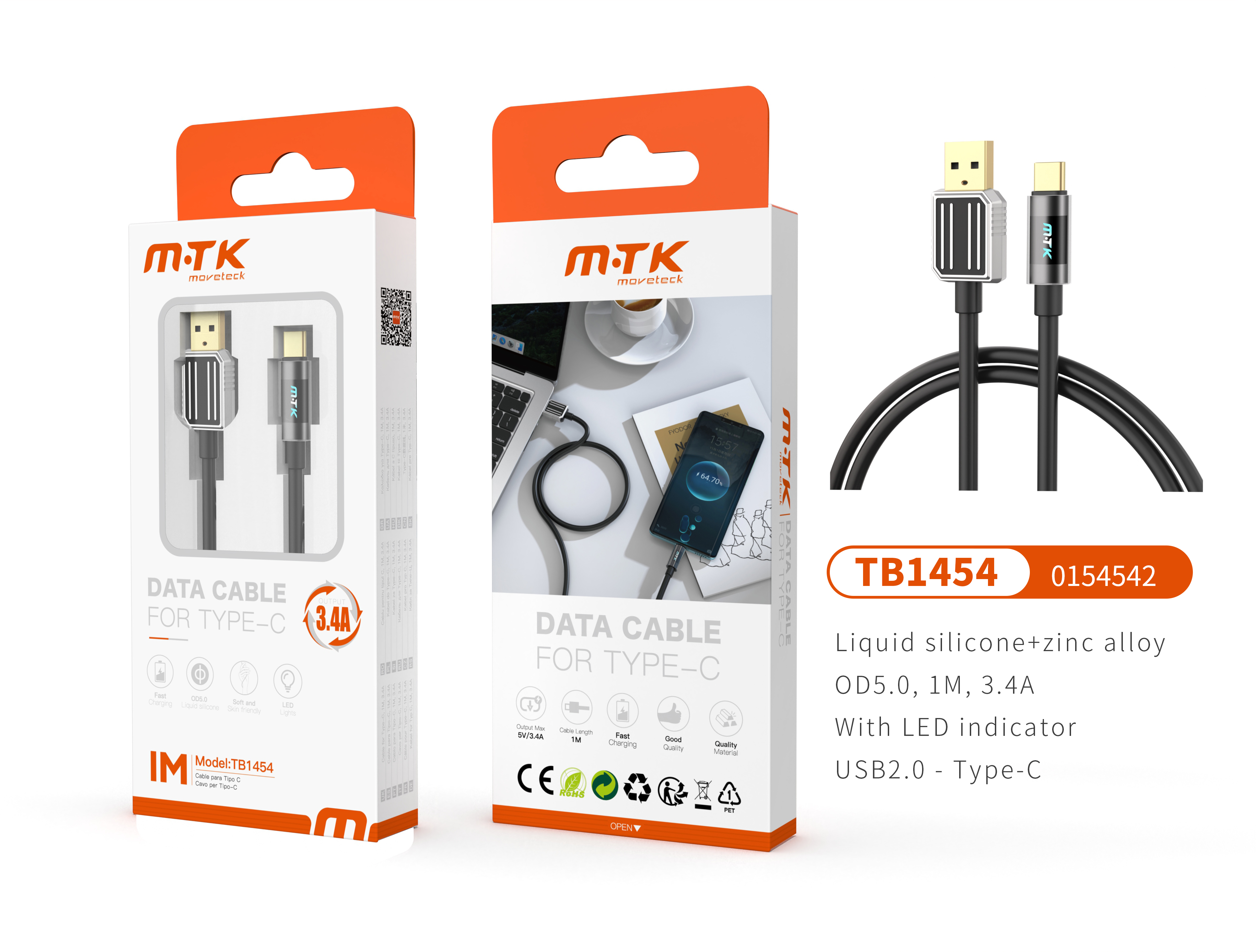 TB1454 NE Luxury Cable de datos Zinc Alloy+Silicona Aimee para Type-C Con indicador Led, 5V/3.4A, 1M