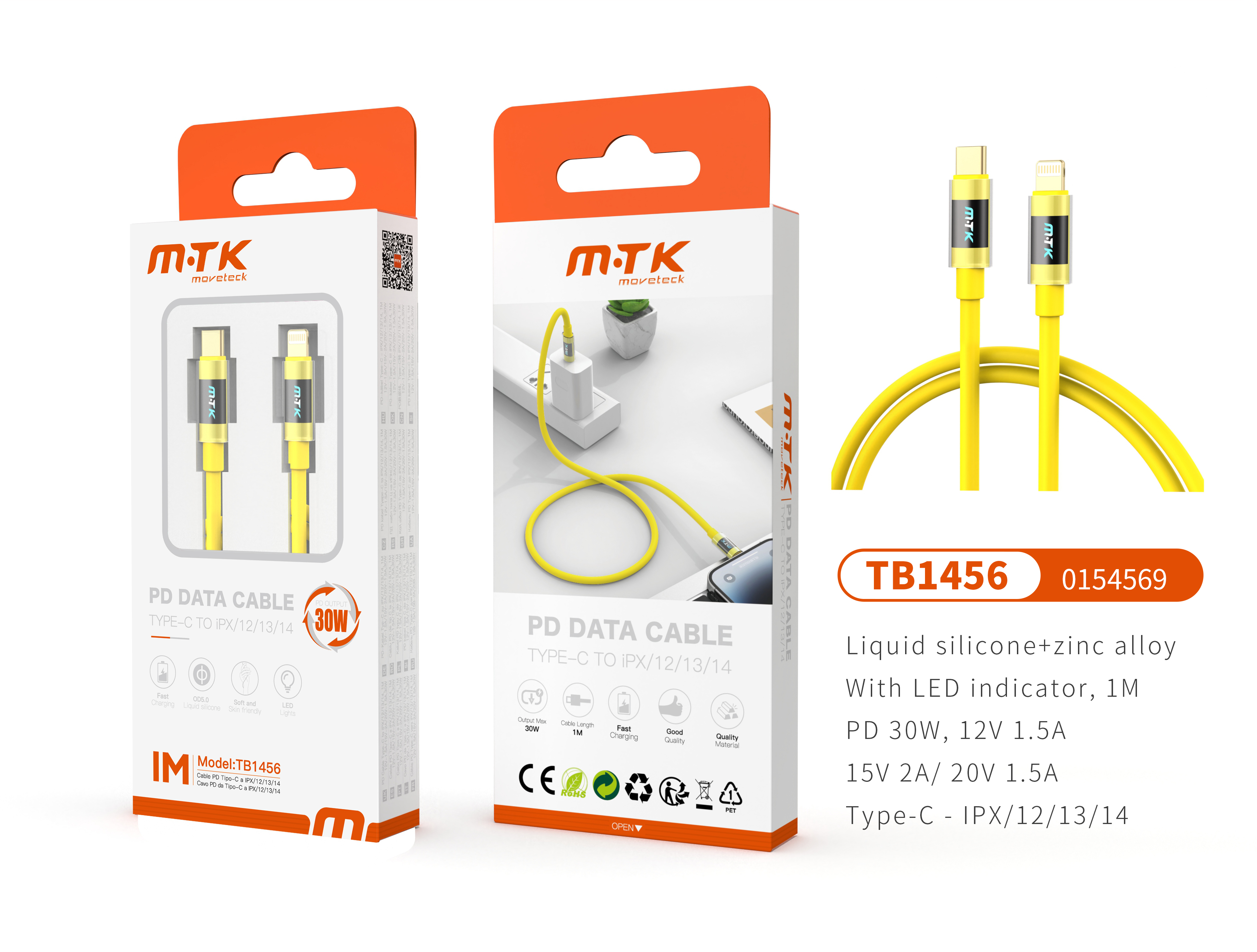 TB1456 AM Luxury Cable de datos Zinc Alloy+Silicona Aimee para Type-C a lightning, Carga Rapida PD, 30W/12V/2.5A, 1M, Amarillo