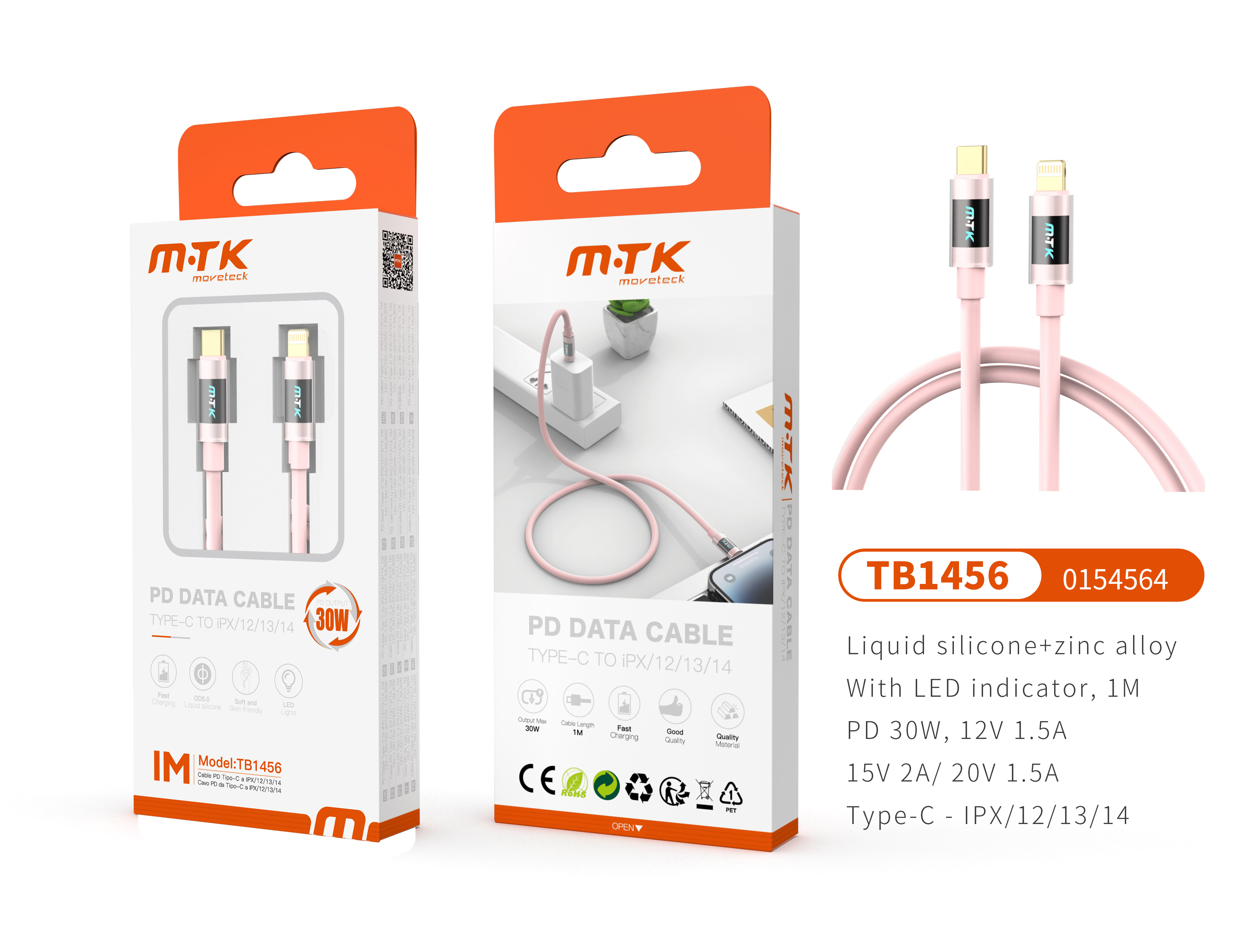 TB1456 RS Luxury Cable de datos Zinc Alloy+Silicona Aimee para Type-C a lightning, Carga Rapida PD, 30W/12V/2.5A, 1M, Rosa