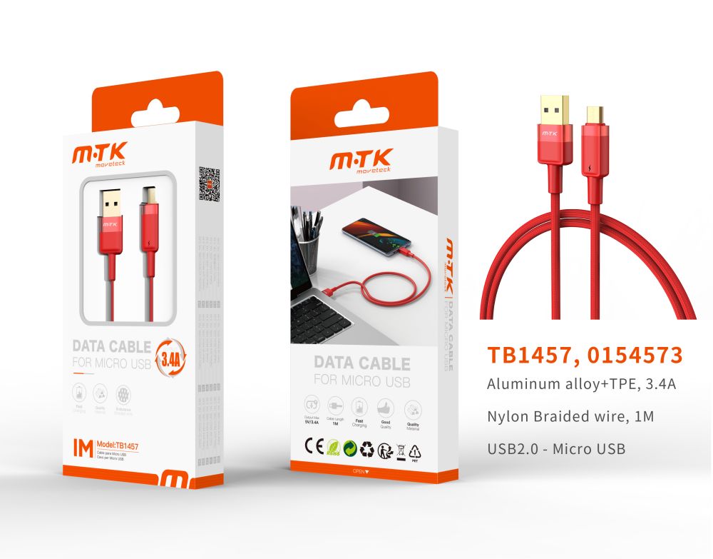 TB1457 RJ Luxury Cable de datos Silas nylon trenzado para Micro USB , 5V/3.4A, 1M, Rojo