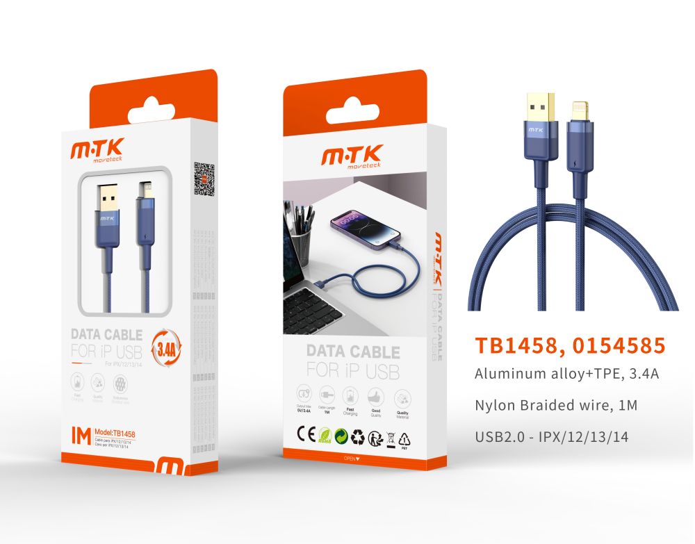 TB1458 AZ Luxury Cable de datos Silas nylon trenzado para Iphone 5-14 , 5V/3.4A, 1M, Azul