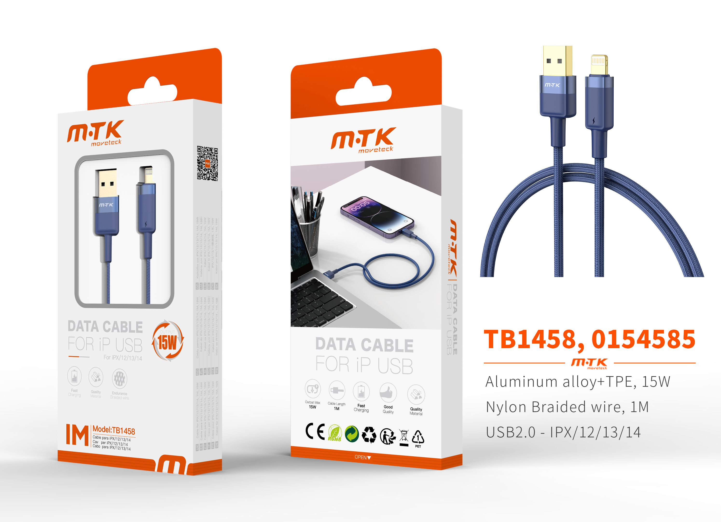 TB1458 AZ Luxury Cable de datos Silas nylon trenzado para Iphone 5-14 , 5V/3.4A, 1M, Azul