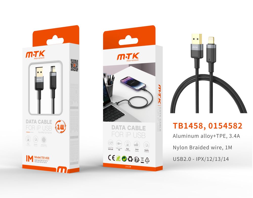 TB1458 NE Luxury Cable de datos Silas nylon trenzado para Iphone 5-14 , 5V/3.4A, 1M, Negro