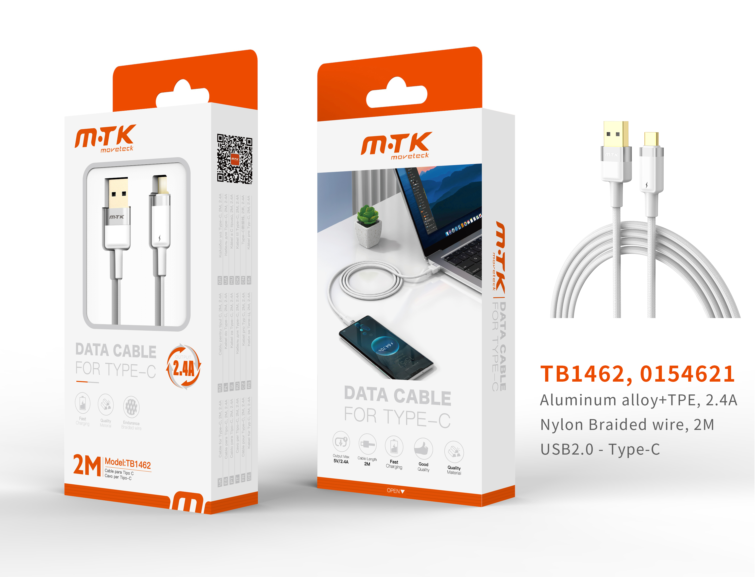 TB1462 BL Luxury Cable de datos Silas nylon trenzado para Type-C , 2.4A, 2M, Blanco