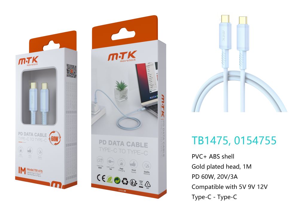 TB1475 AZ Luxury Cable de datos Luc  para Type-C a Type-C , Carga Rapida PD,60W/20V/3A, 1M, Azul
