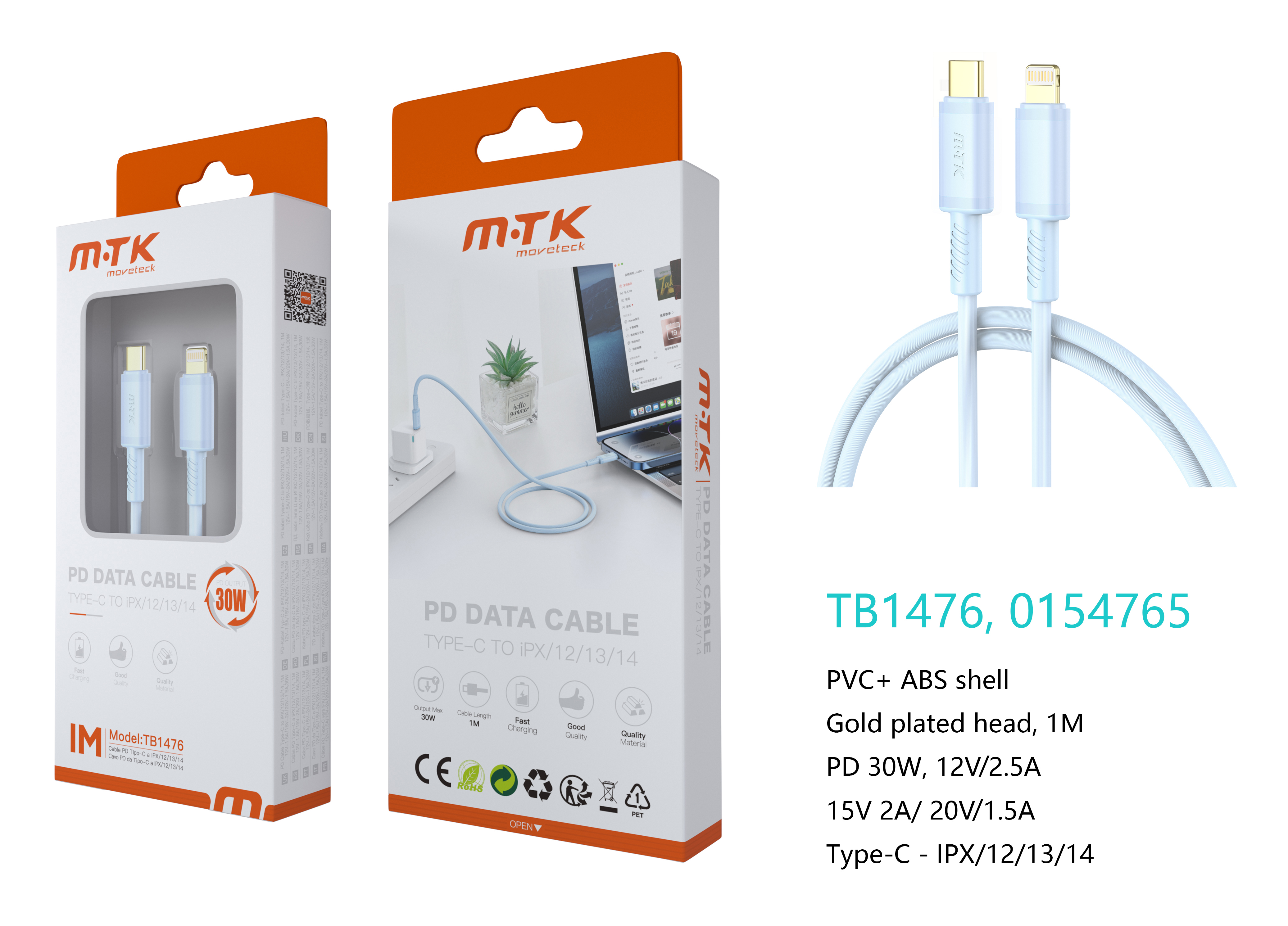 TB1476 AZ Luxury Cable de datos Luc  para Type-C a Lightning , Carga Rapida PD,30W/12V/2.5A, 1M, Azu
