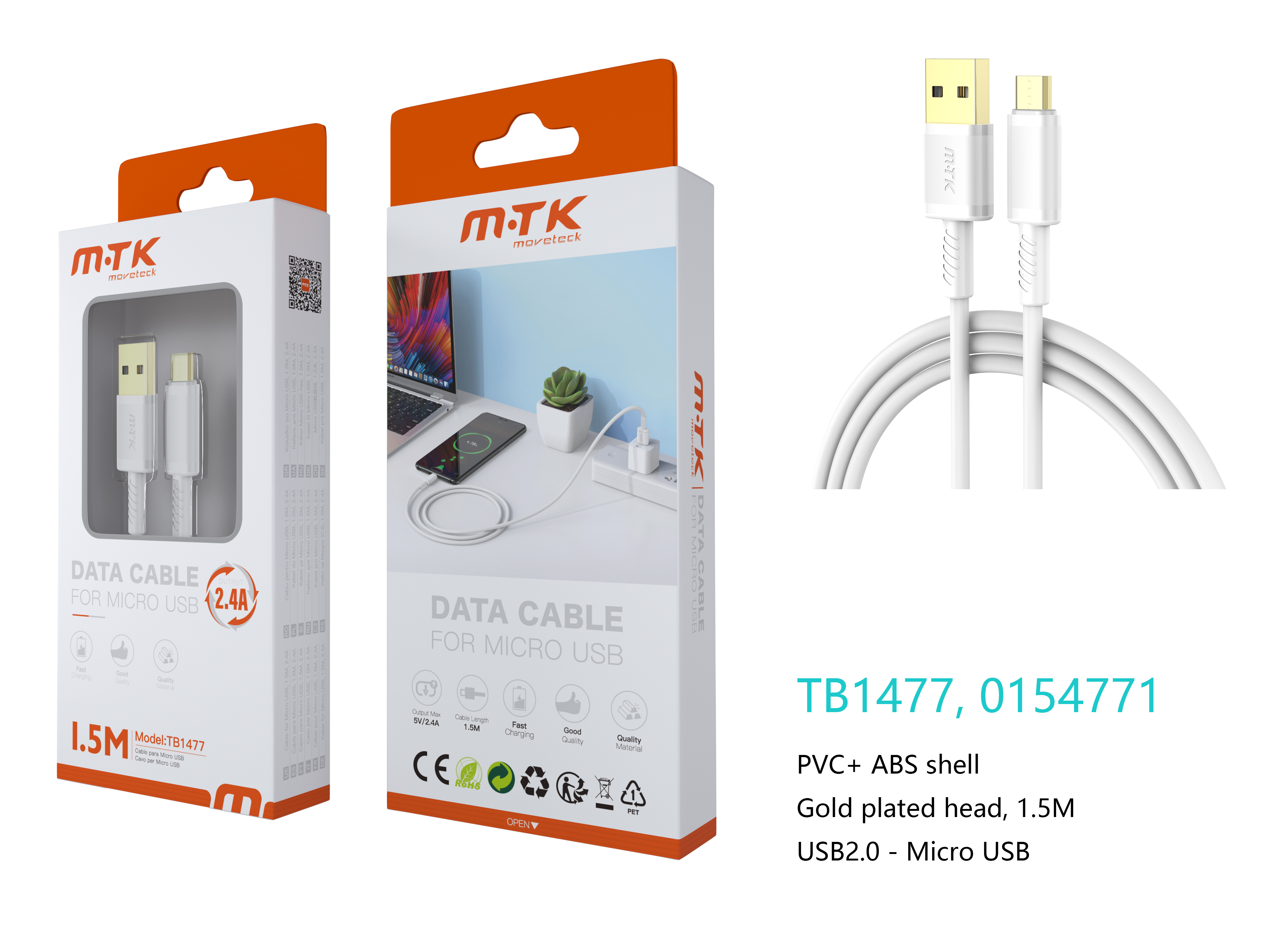 TB1477 BL Luxury Cable de datos Luc  para Micro USB , 5V/2.4A, 1.5M, Blanco