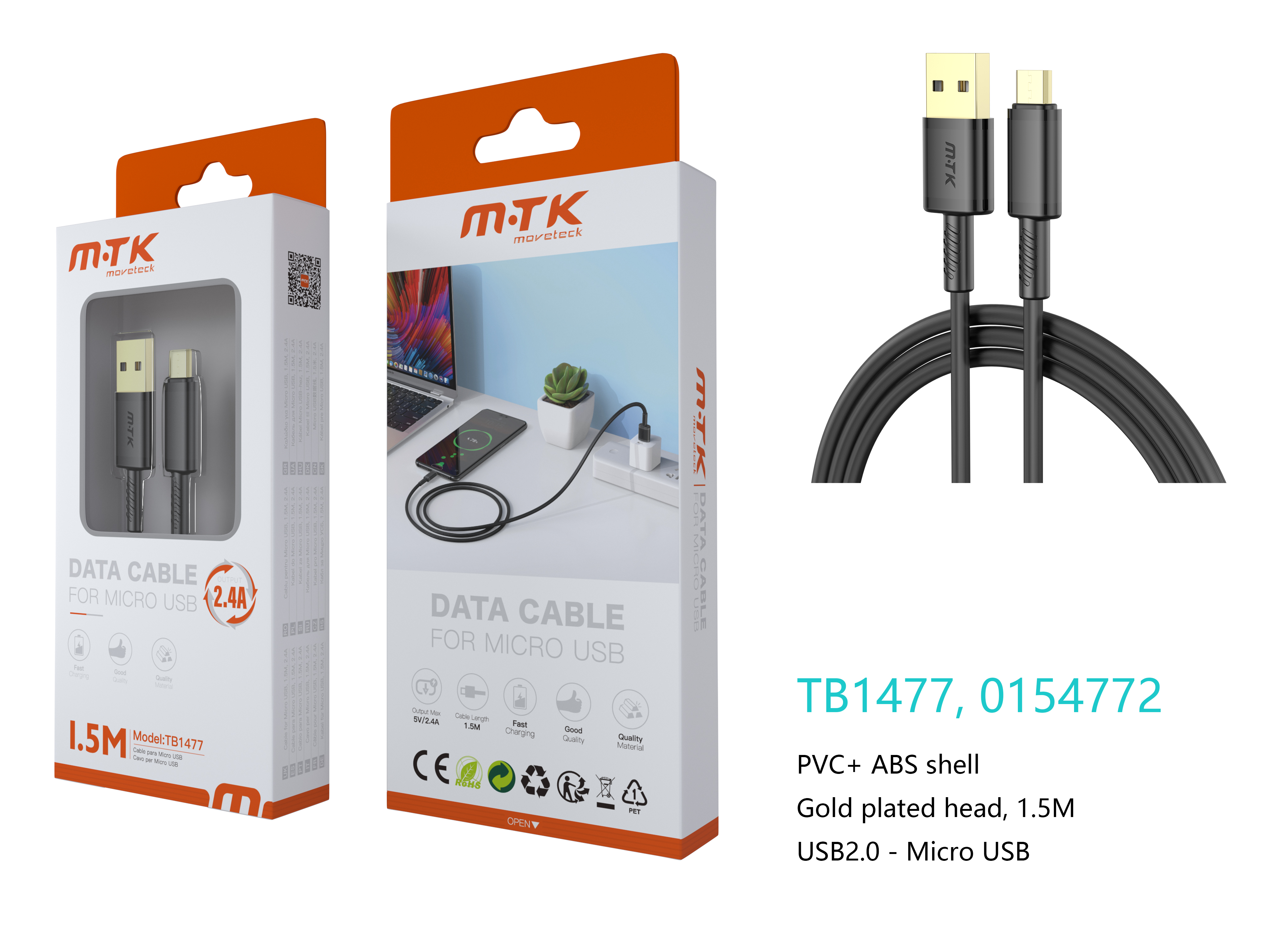 TB1477 NE Luxury Cable de datos Luc  para Micro USB , 5V/2.4A, 1.5M, Negro