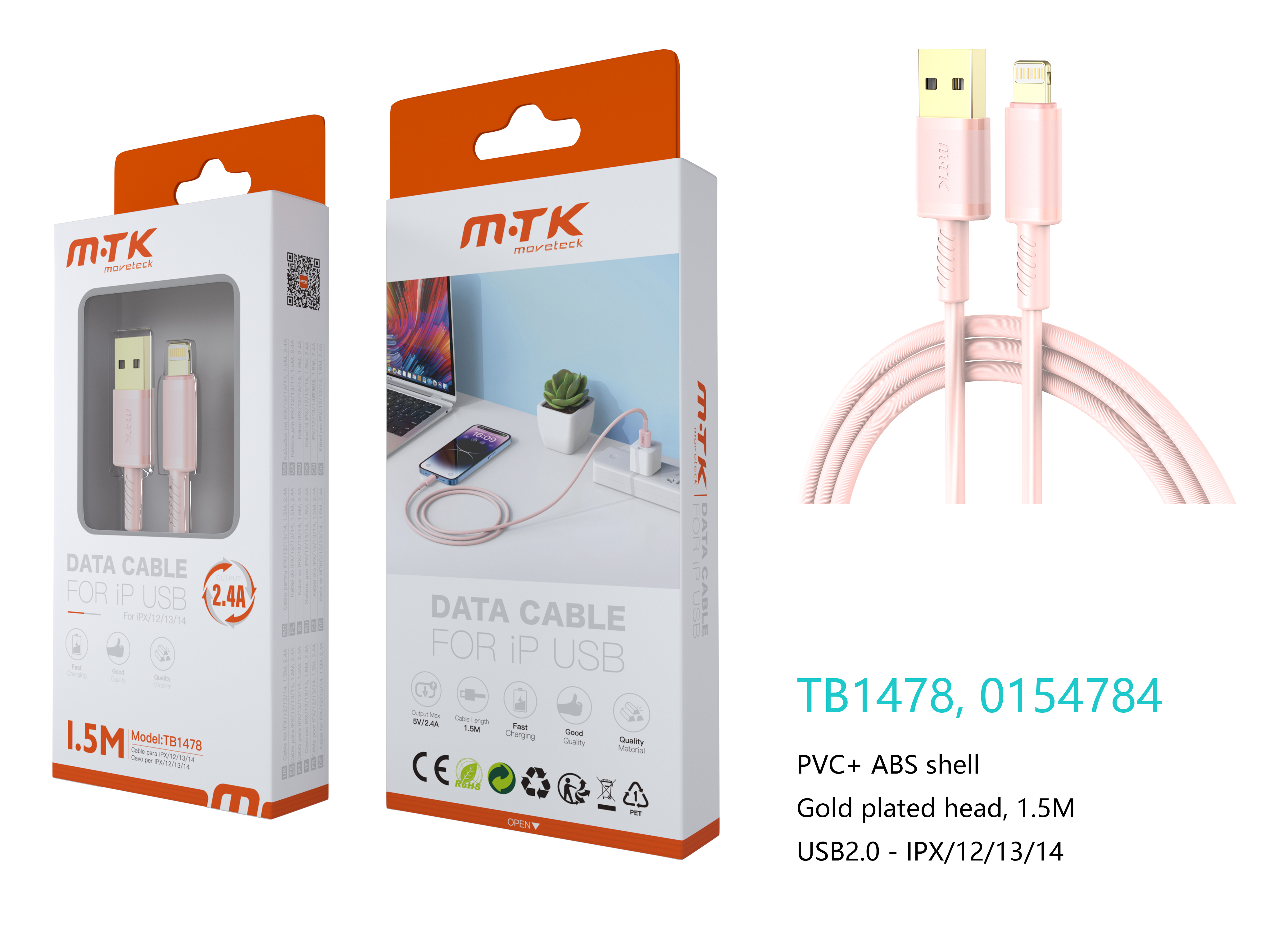 TB1478 RS Luxury Cable de datos Luc  para Iphone 5-14, 5V/2.4A, 1.5M, Rosa