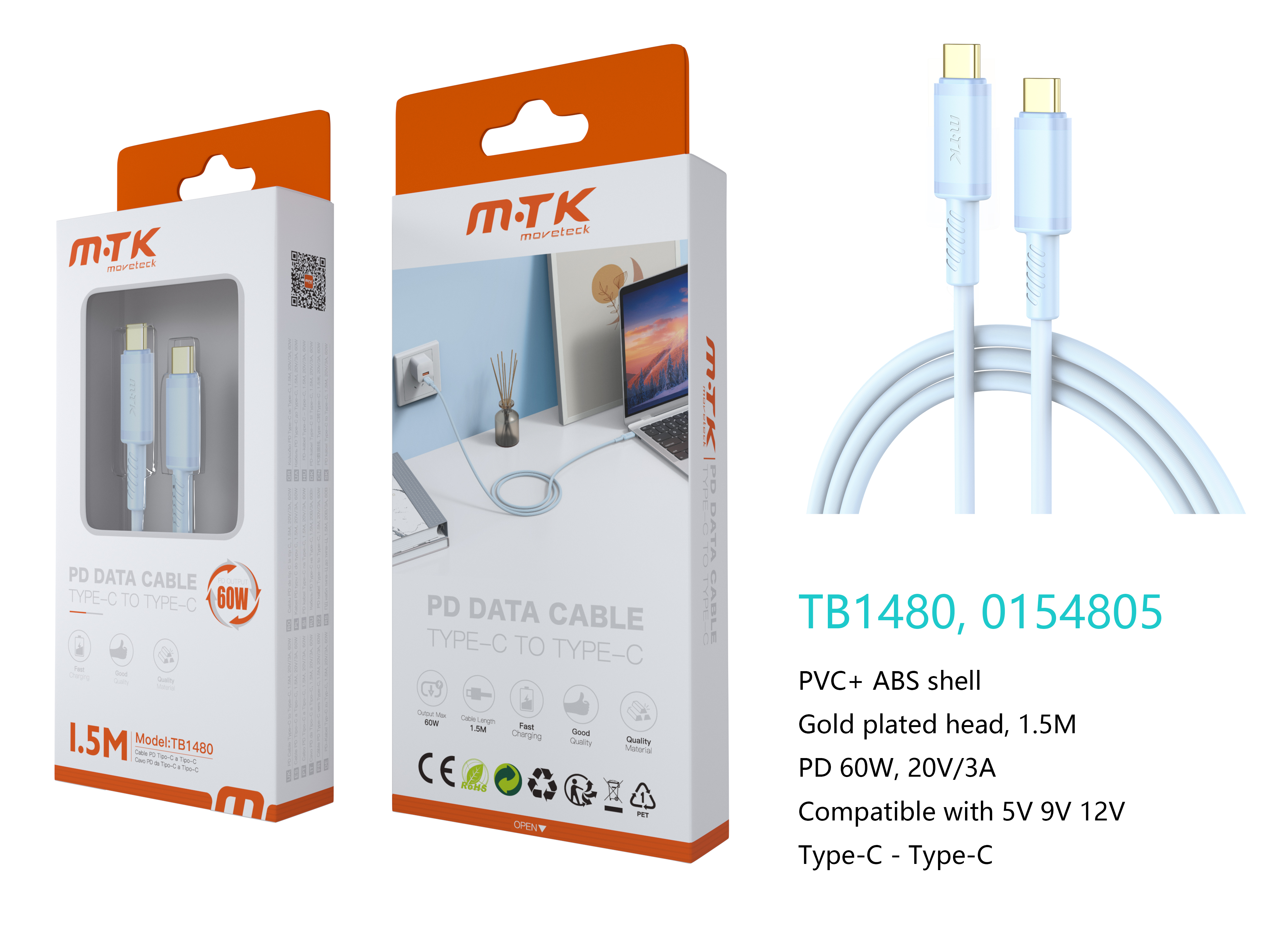 TB1480 AZ Luxury Cable de datos Luc  para Type-C a Type-C , Carga Rapida PD, 60W/20V/3A, 1.5M, Azul