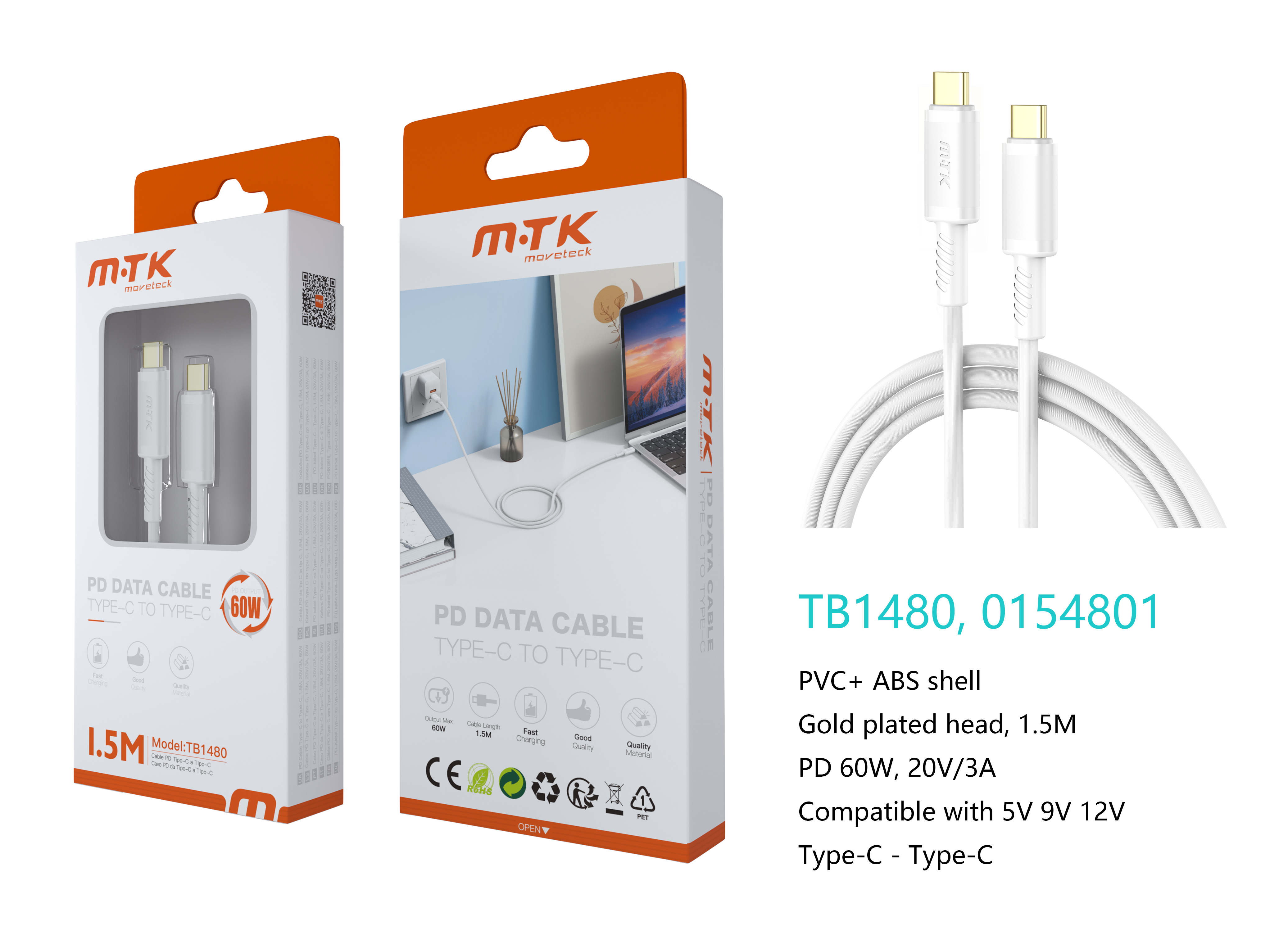 TB1480 BL Luxury Cable de datos Luc  para Type-C a Type-C , Carga Rapida PD, 60W/20V/3A, 1.5M, Blanc