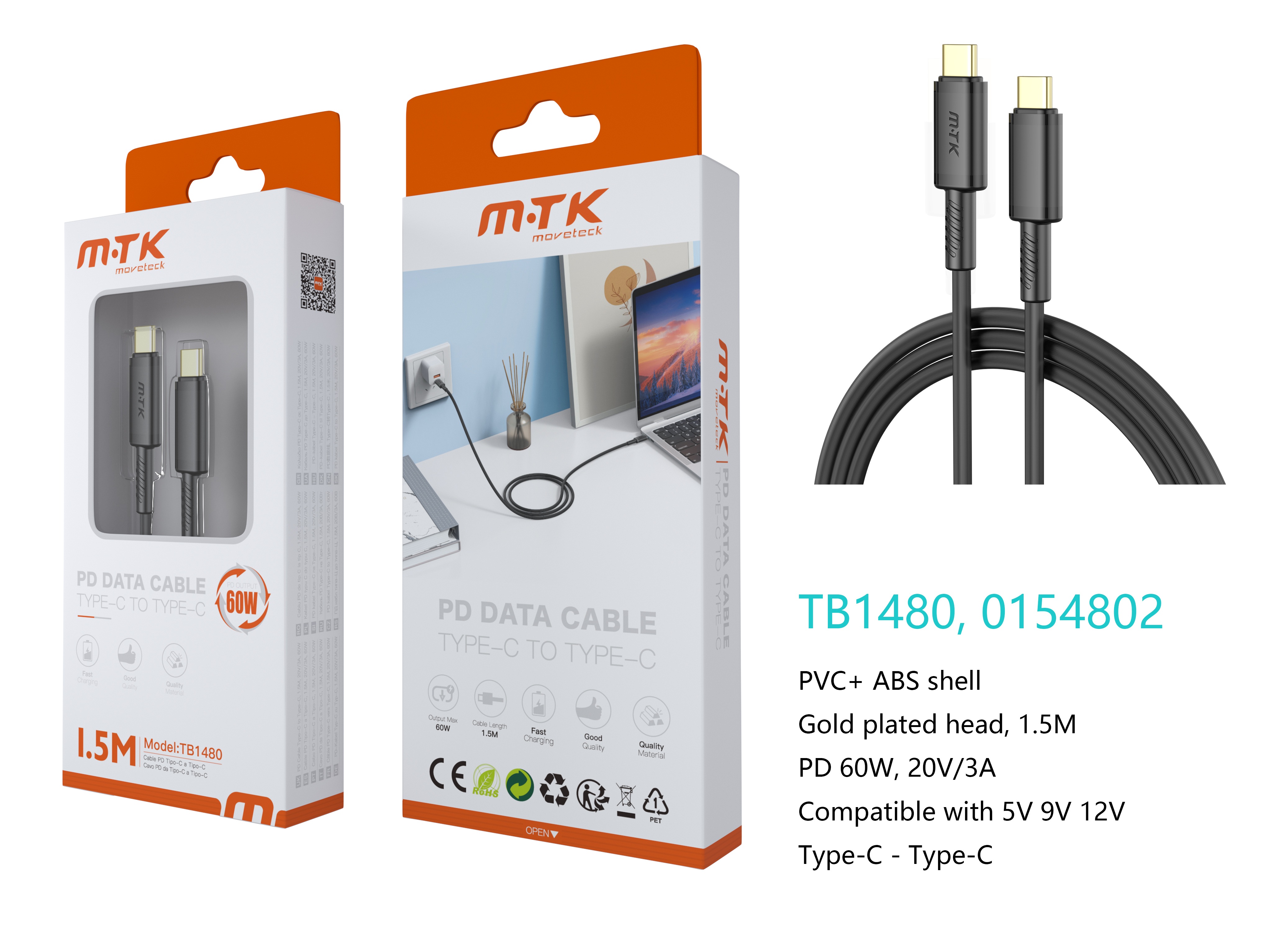 TB1480 NE Luxury Cable de datos Luc  para Type-C a Type-C , Carga Rapida PD, 60W/20V/3A, 1.5M, Negro