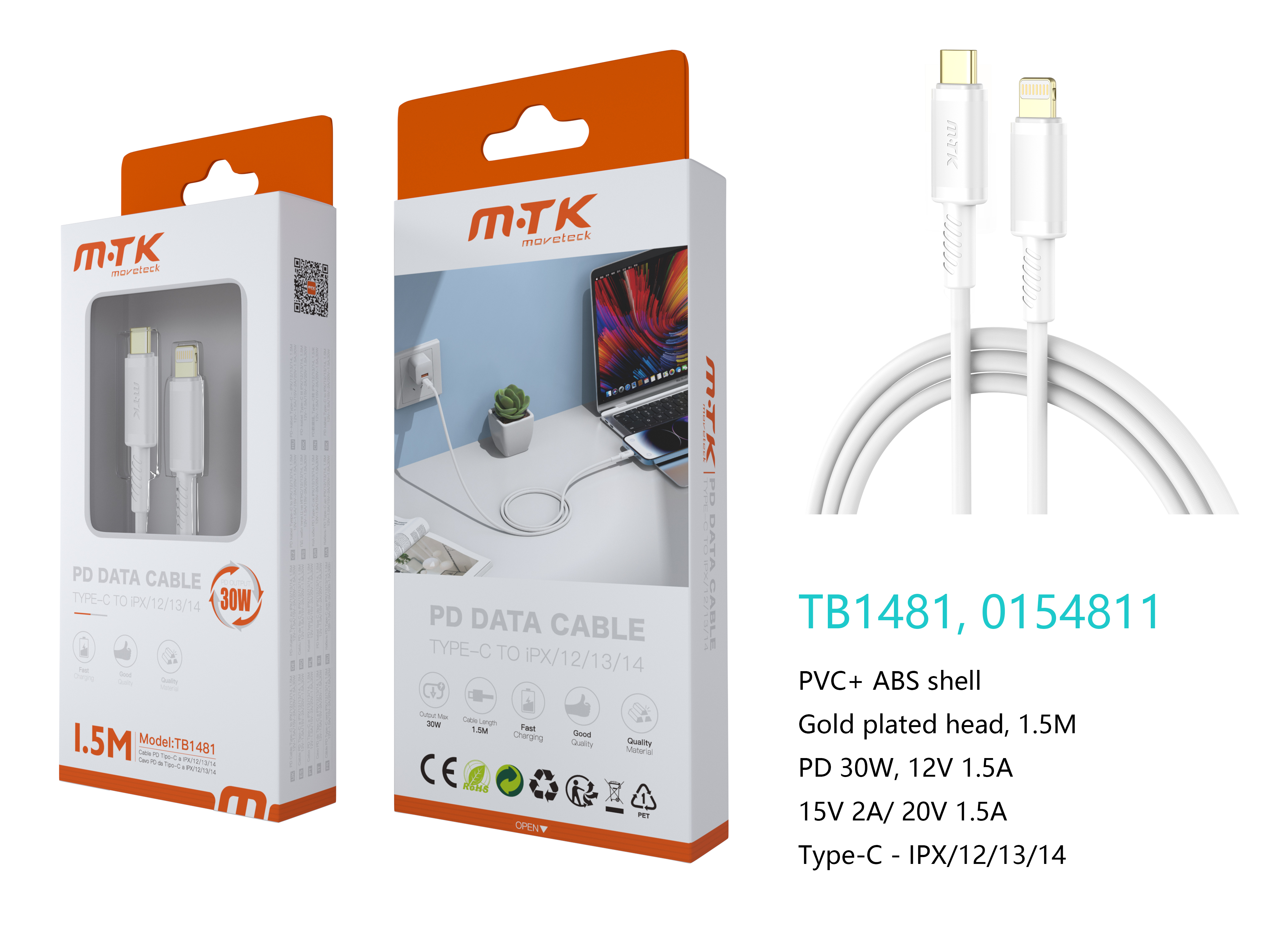 TB1481 BL Luxury Cable de datos Luc  para Type-C a lightning , Carga Rapida PD,30W/12V/2.5A, 1.5M, B