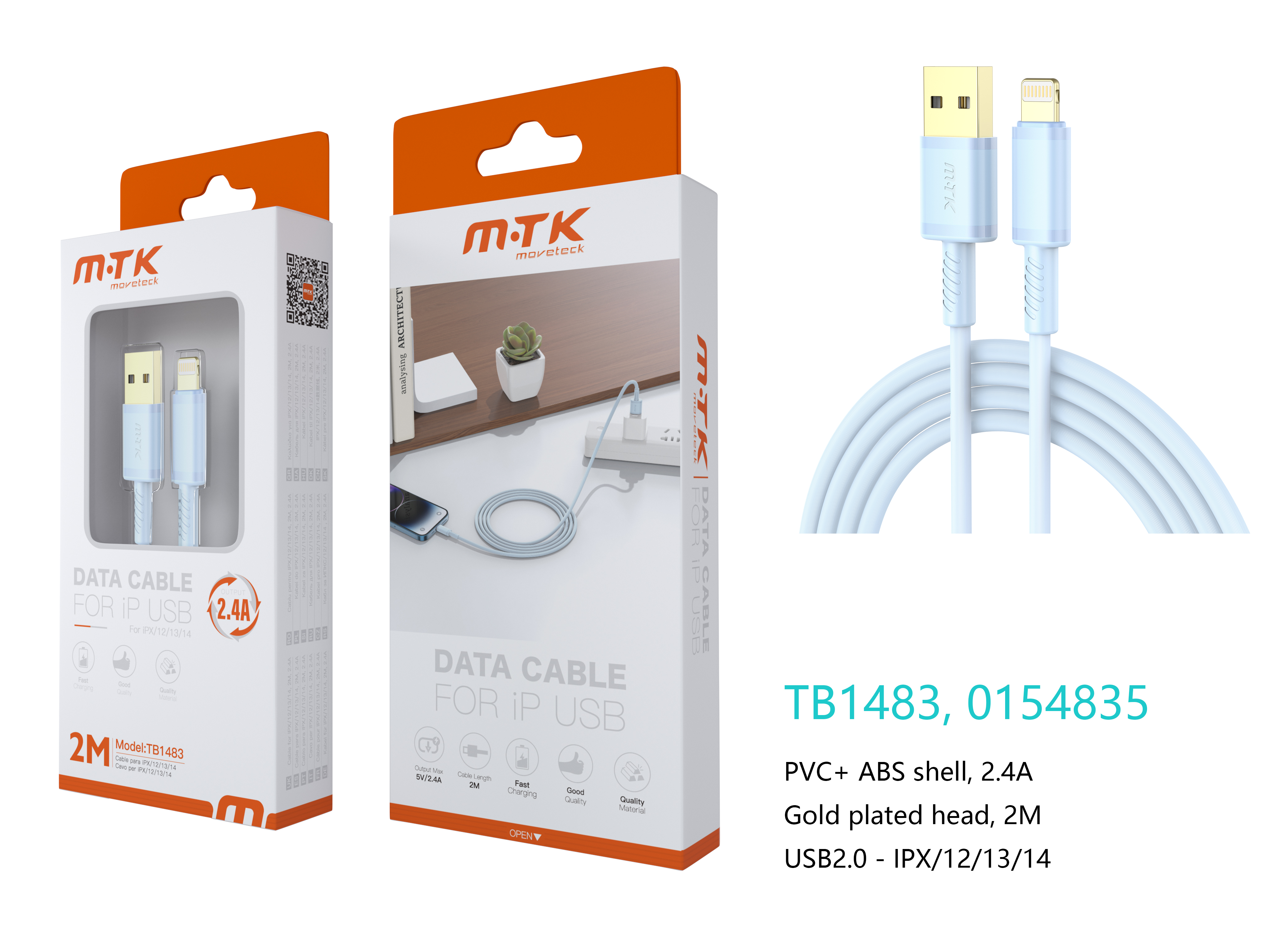 TB1483 AZ Luxury Cable de datos Luc  para Iphone 5-14 , 5V/2.4A, 2M, Azul
