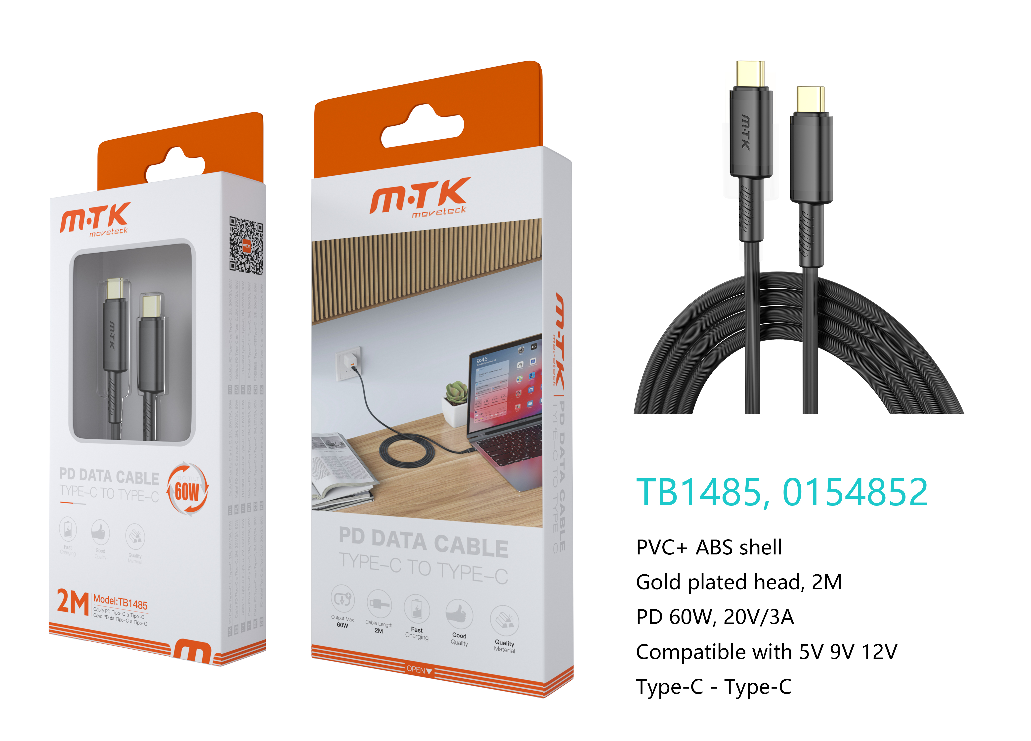 TB1485 NE Luxury Cable de datos Luc  para Type-C a Type-C , Carga Rapida PD,60W/20V/3A, 2M, Negro