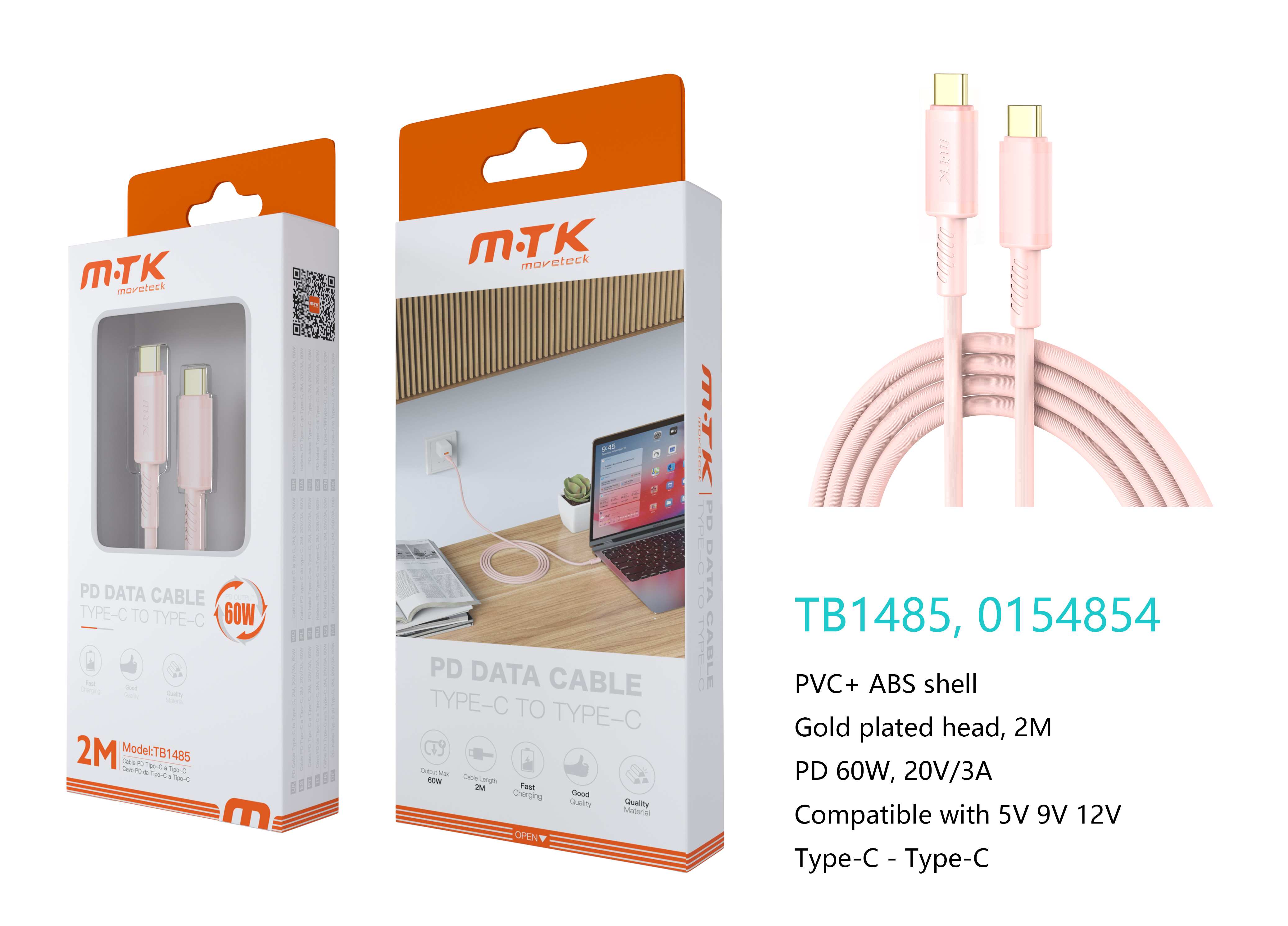 TB1485 RS Luxury Cable de datos Luc  para Type-C a Type-C , Carga Rapida PD,60W/20V/3A, 2M, Rosa
