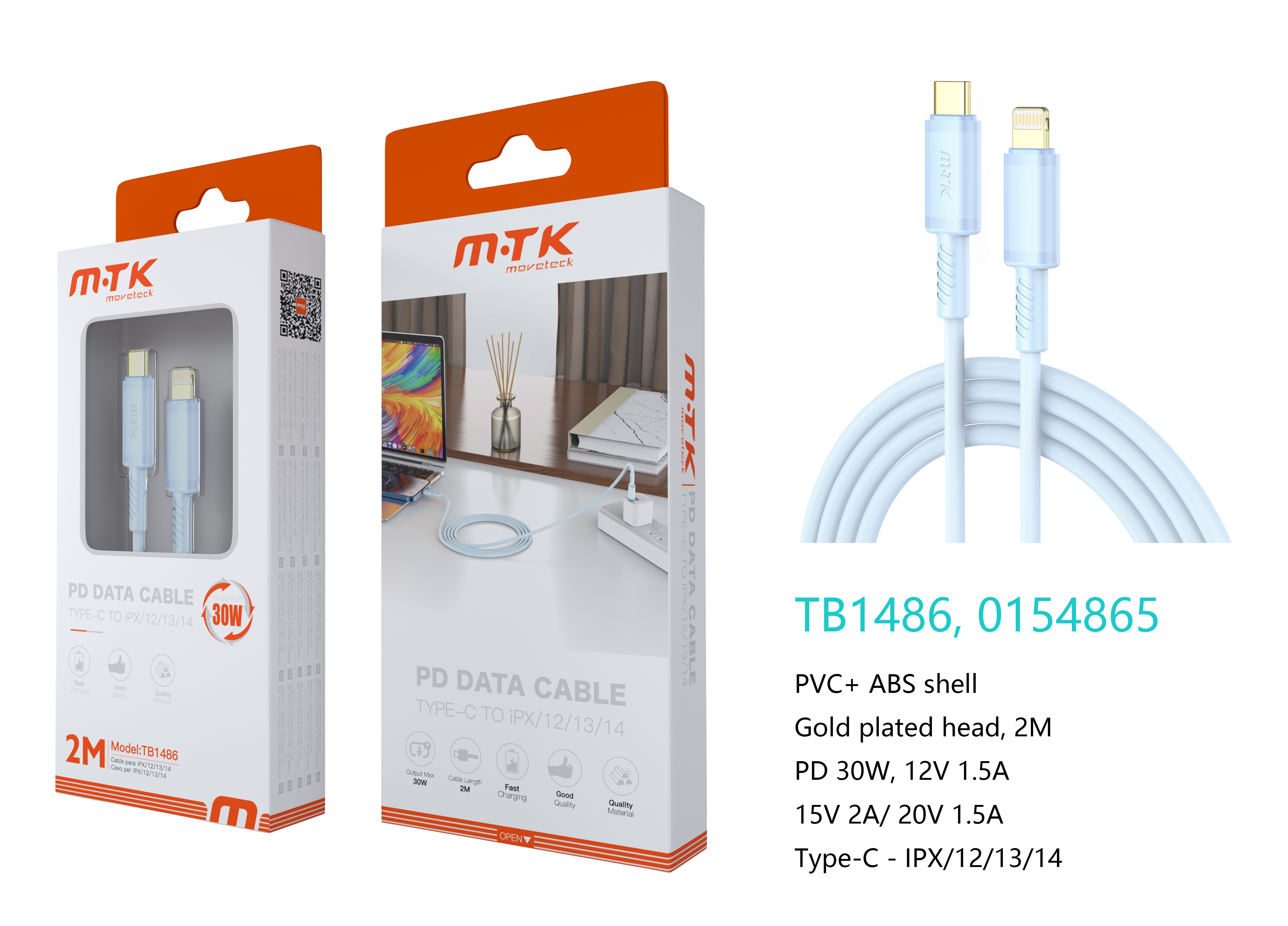 TB1486 AZ Luxury Cable de datos Luc  para Type-C a Lightning , Carga Rapida PD,30W/12V/2.5A, 2M, Azu