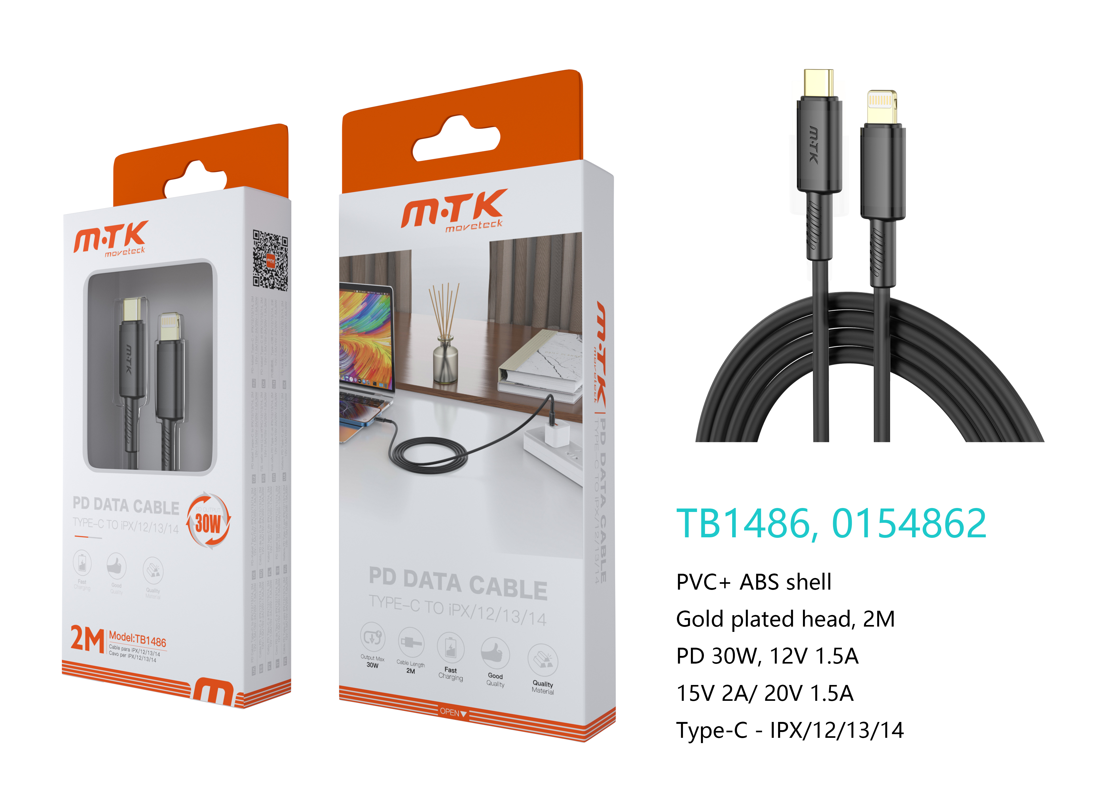 TB1486 NE Luxury Cable de datos Luc  para Type-C a Lightning , Carga Rapida PD,30W/12V/2.5A, 2M, Neg