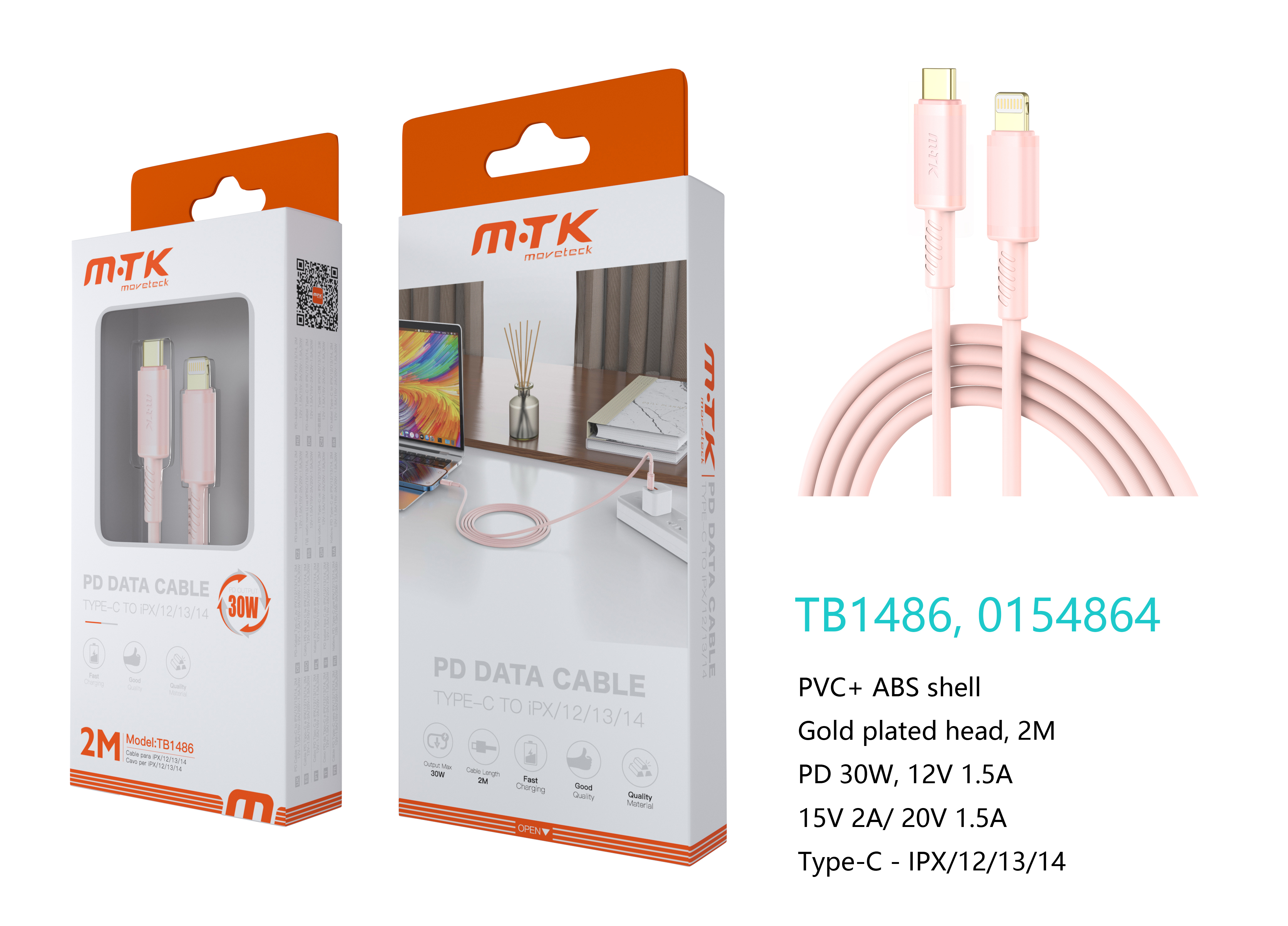 TB1486 RS Luxury Cable de datos Luc  para Type-C a Lightning , Carga Rapida PD,30W/12V/2.5A, 2M, Ros