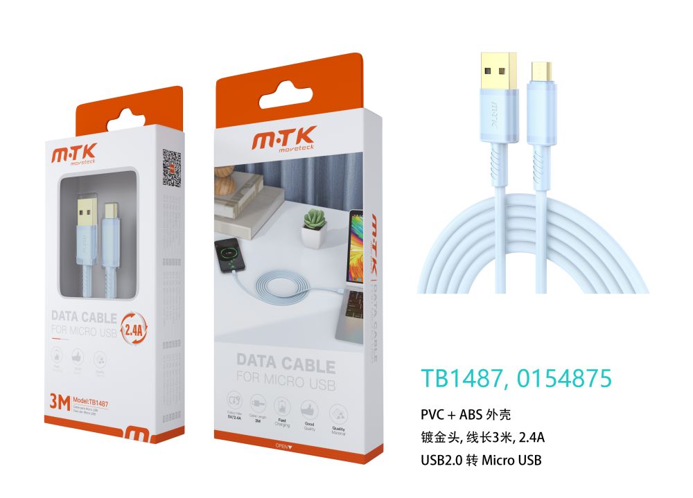 TB1487 AZ Luxury Cable de datos Luc  para Micro USB , 5V/2.4A, 3M, Azul