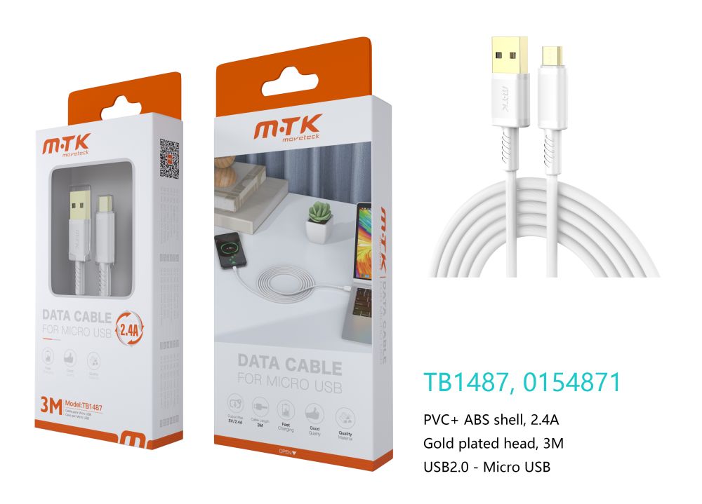 TB1487 BL Luxury Cable de datos Luc  para Micro USB , 5V/2.4A, 3M, Blanco