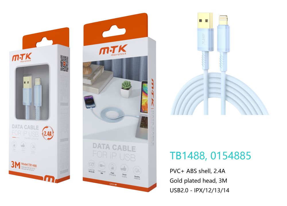 TB1488 AZ Luxury Cable de datos Luc  para Iphone 5-14, 5V/2.4A, 3M, Azul