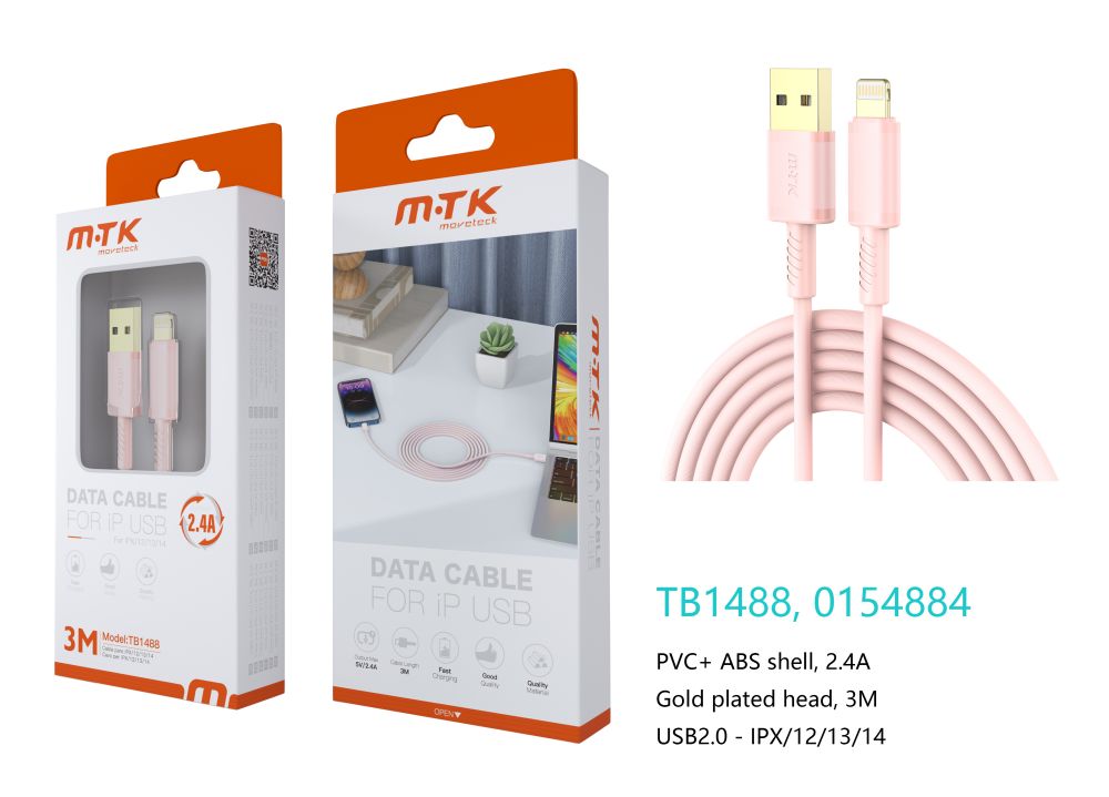 TB1488 RS Luxury Cable de datos Luc  para Iphone 5-14, 5V/2.4A, 3M, Rosa