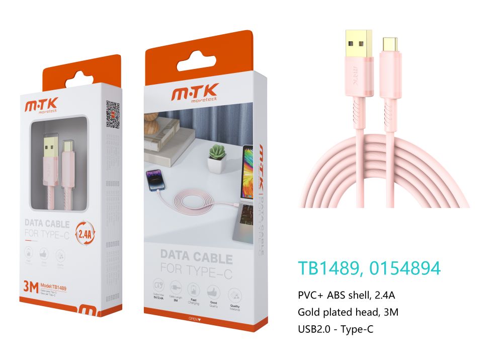 TB1489 RS Luxury Cable de datos Luc  para Type-C , 5V/2.4A, 3M, Rosa