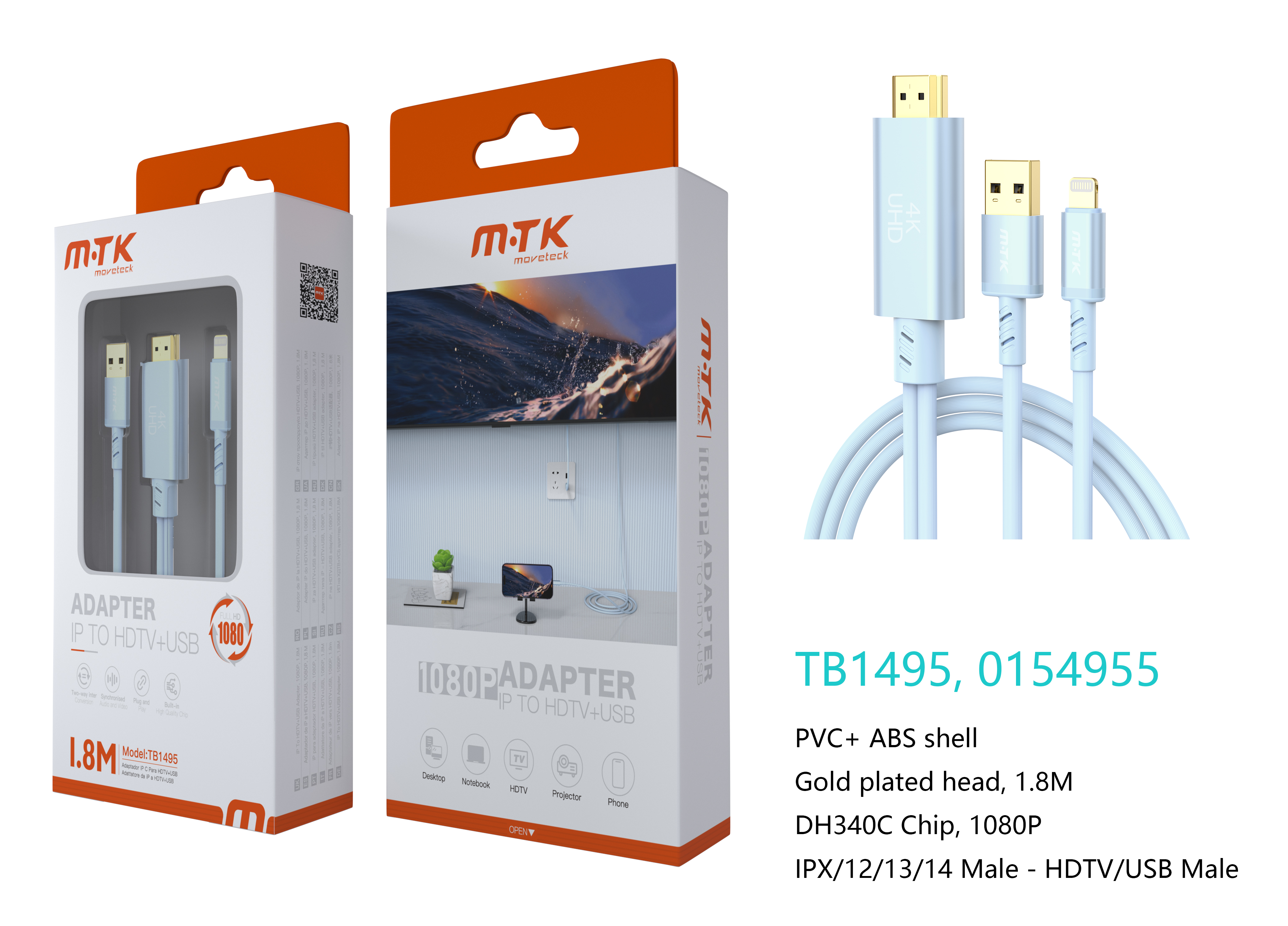 TB1495 AZ Luxury Adaptador 2 en 1 Lightning(Macho) a HDMI+USB 2.0(Macho), 1080P, Cable 1.8M, Azul