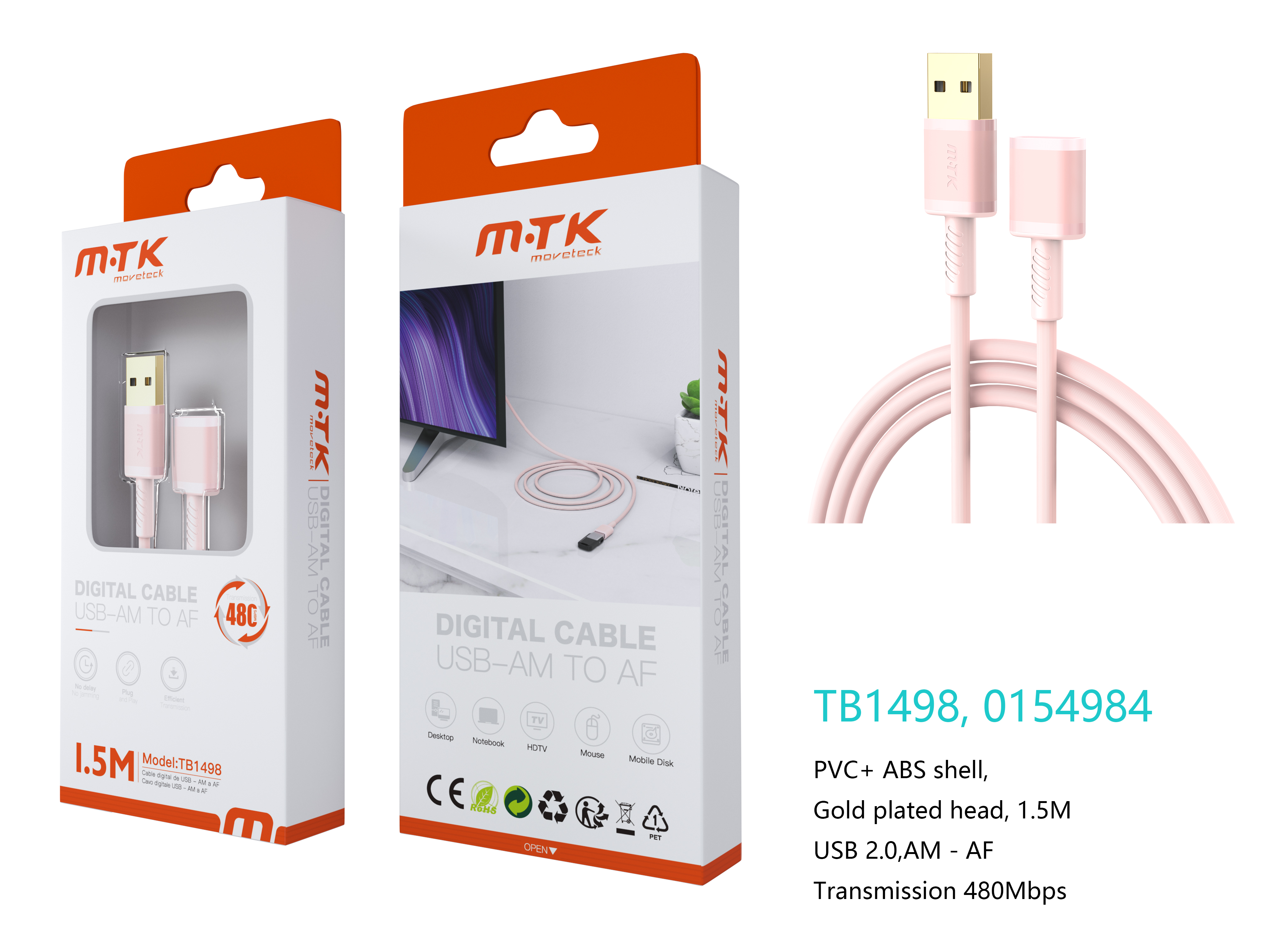 TB1498 RS Luxury Cable USB 2.0 Macho a Hembra, 480Mbps, 1.5M , Rosa