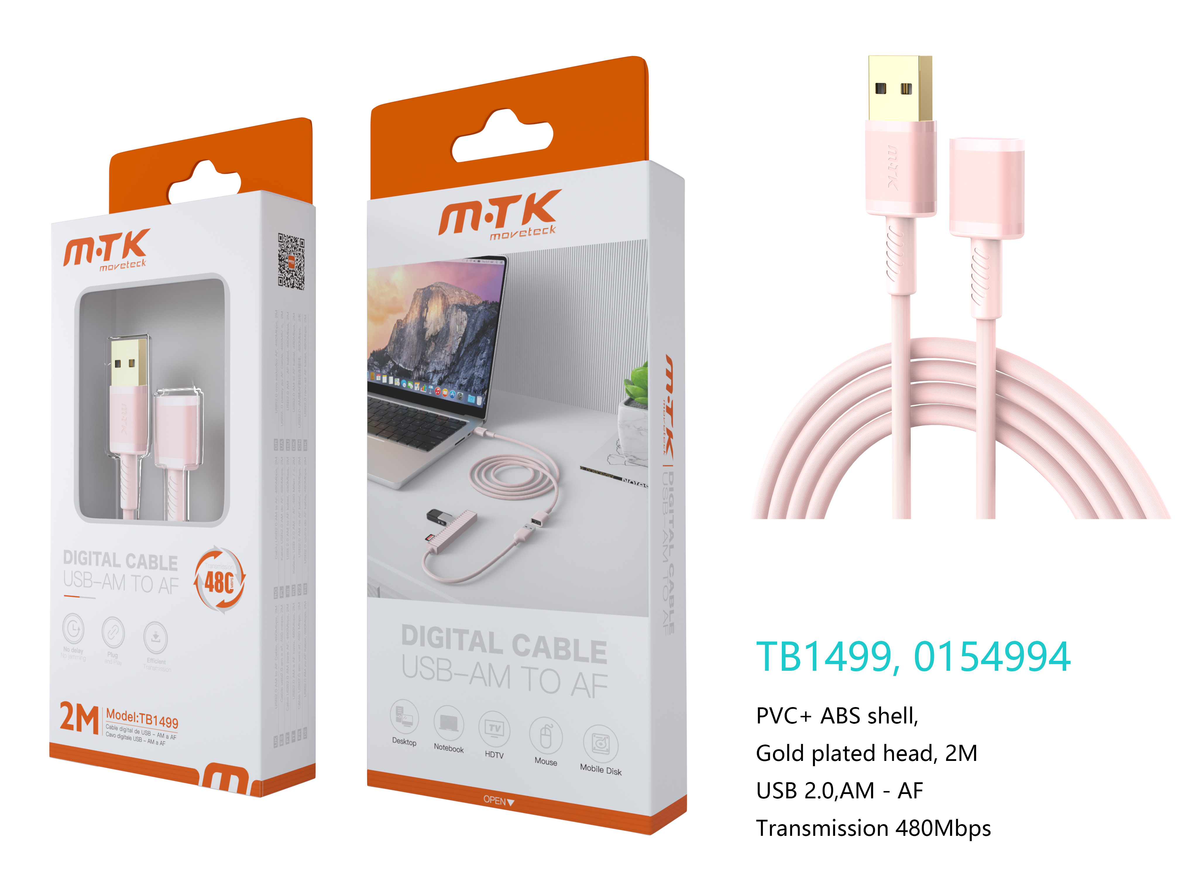 TB1499 RS Luxury Cable USB 2.0 Macho a Hembra, 480Mbps, 2M , Rosa