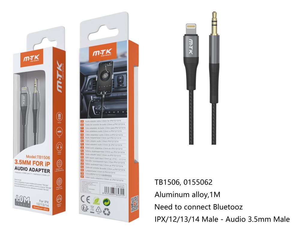 TB1506 NE Adaptador de audio Lightning(Macho) a 3.5mm(Hembra),(Necesario Activar Bluetooth), 1M, Neg