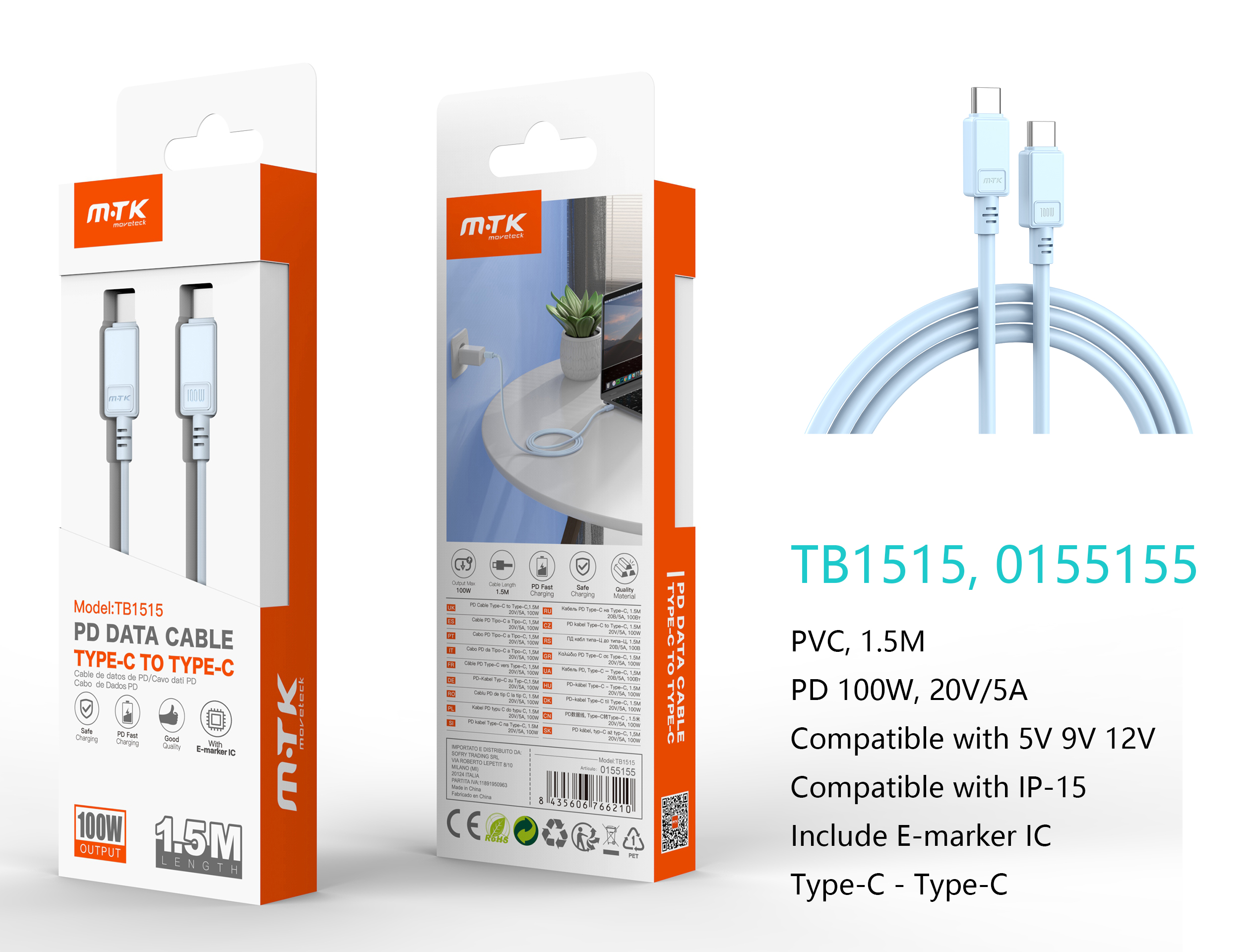 TB1515 AZ Cable de Datos Lucie Type-C a Type-C, Carga Rapida 100W 20V/5A, Chip IC, Compatible con Ap