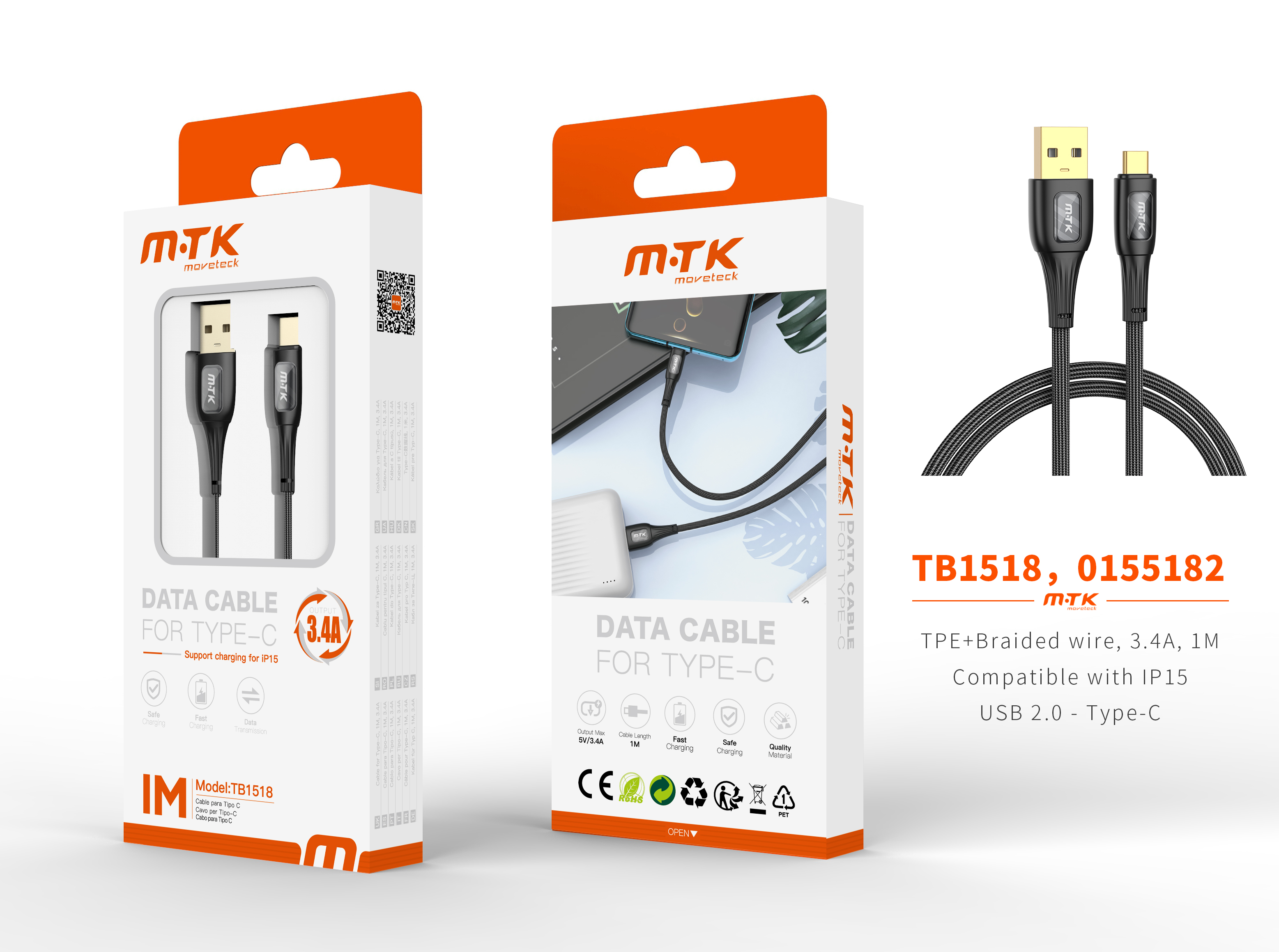 TB1518 NE Luxury Cable de datos Yuri nylon trenzado para Type-C, Compatible con IPhone Type-C, 5V/3.4A, 1M, Negro