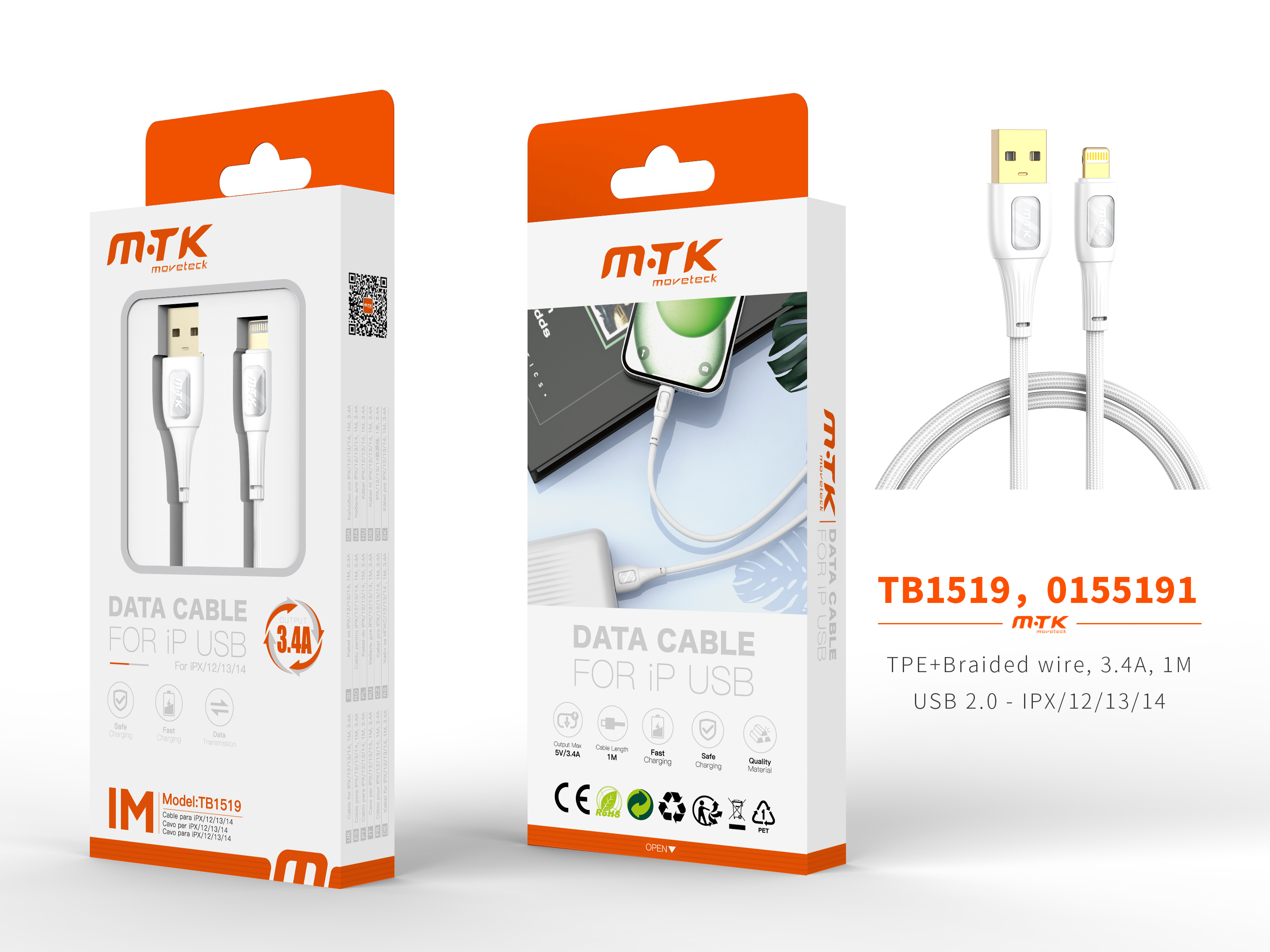 TB1519 BL Luxury Cable de datos Yuri nylon trenzado para Iphone 5-14 , 5V/3.4A, 1M, Blanco