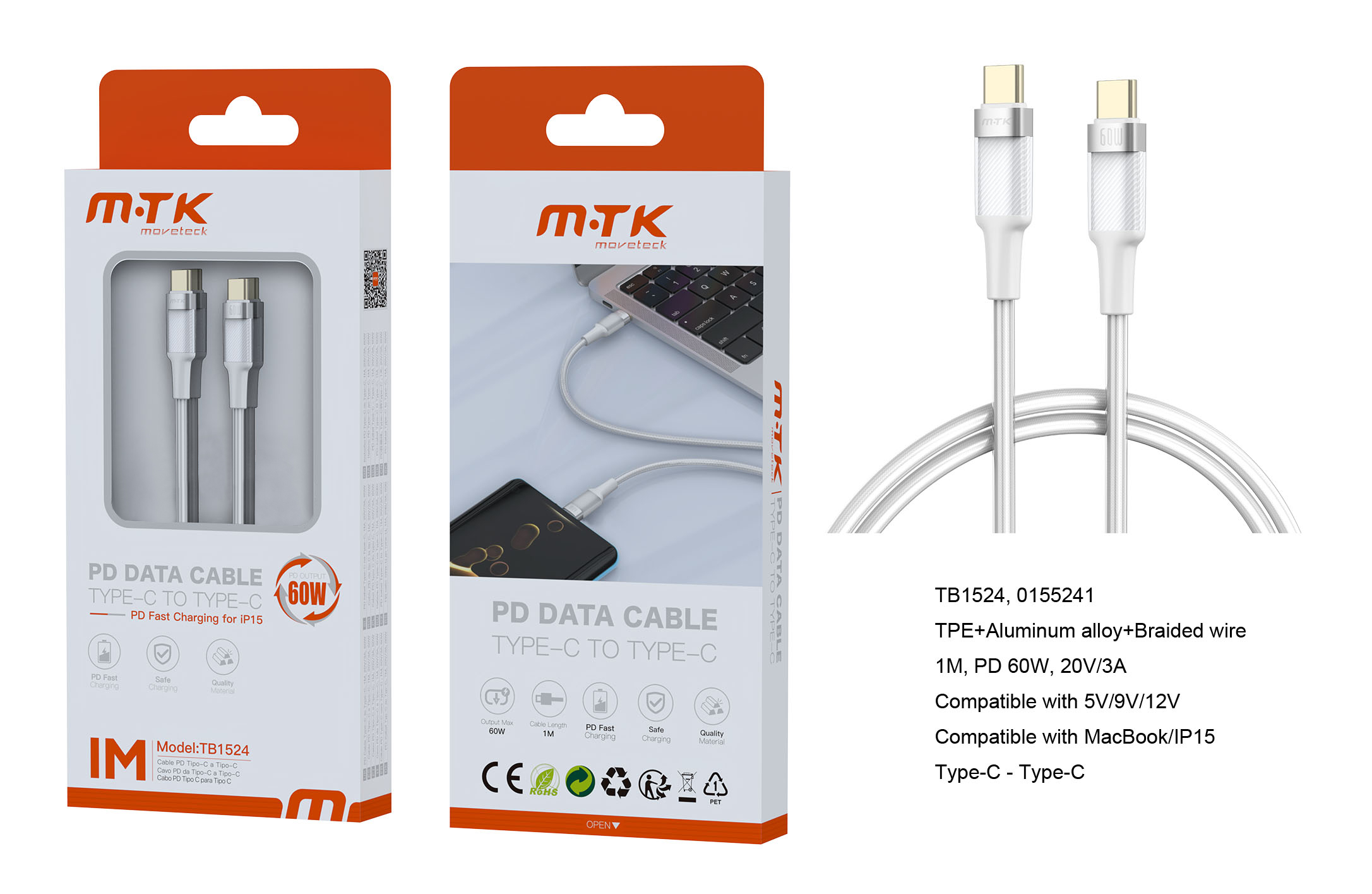 TB1524 BL Luxury Cable de datos Noah Aluminio trenzado Type C a Type C, Compatible con Iphone y Macb