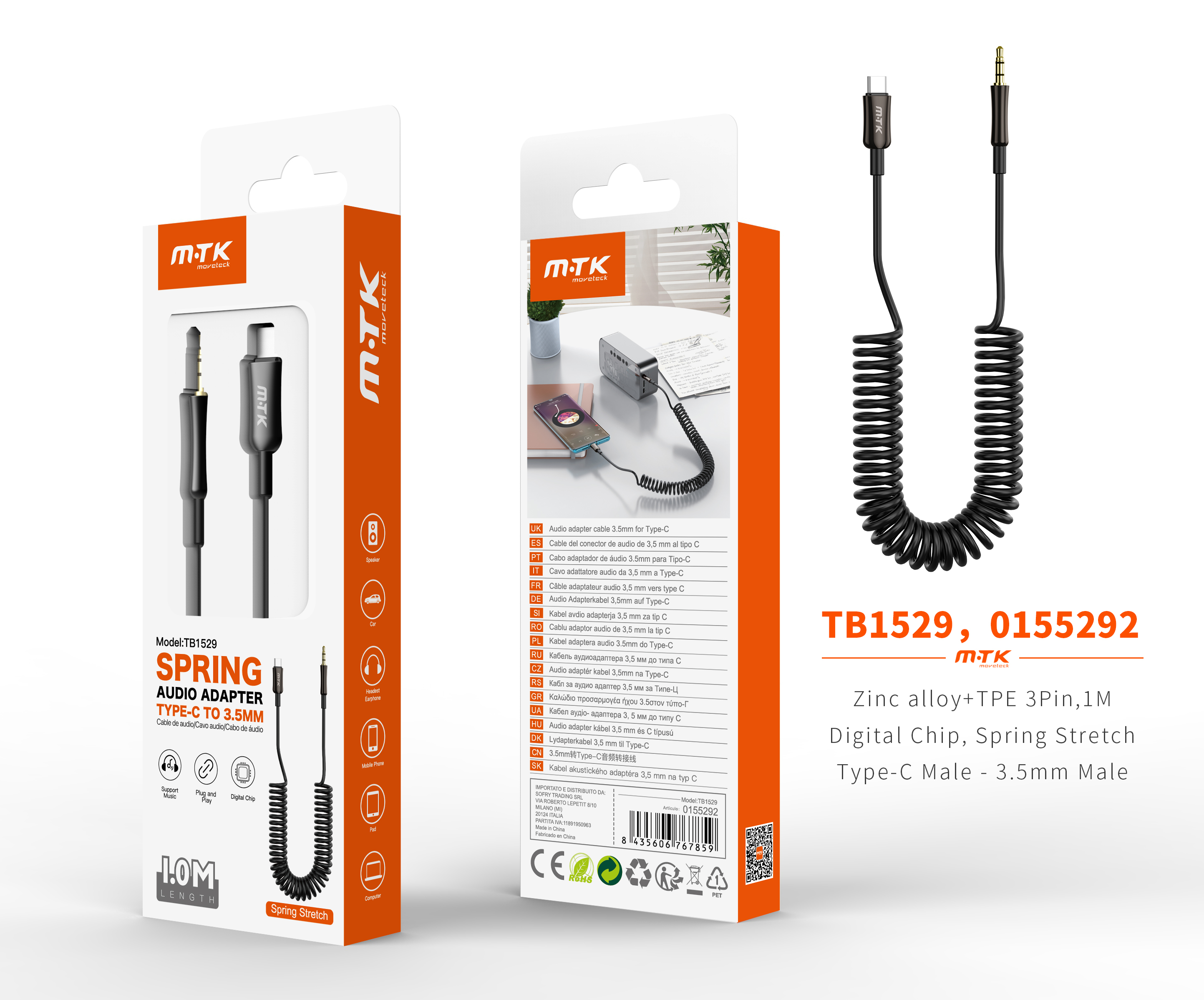 TB1529 NE Cable de Audio en espiral Type-C a 3.5mm Jack, 3Pin, Cable 1m, Negro