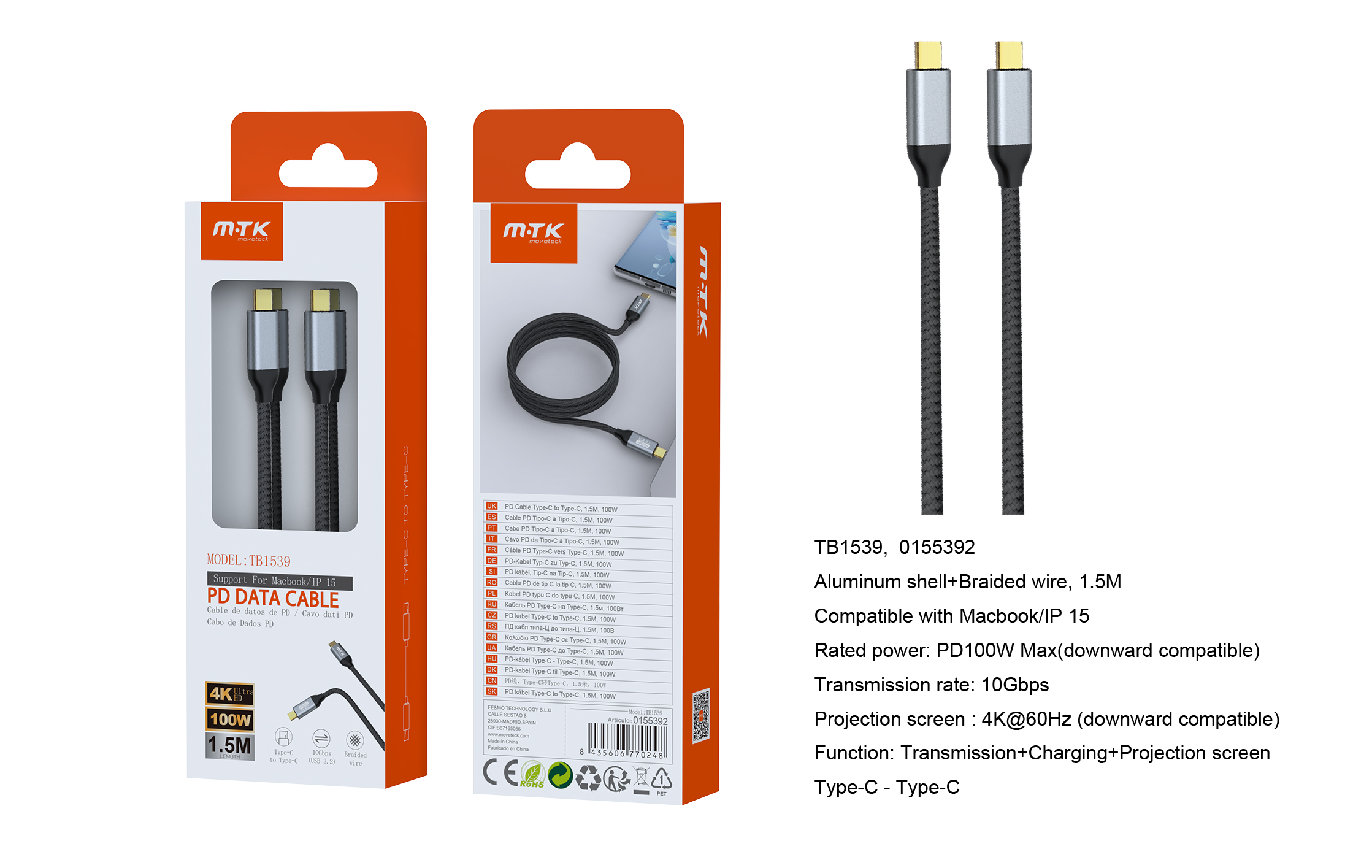 TB1539 NE Cable de Datos y Videos 2en1 trenzado Mildred para Type C a Type-C Carga Rapida, 10Gbps/100W/4K/60hz/1.5M, Compatible con Apple Type-C, Negr