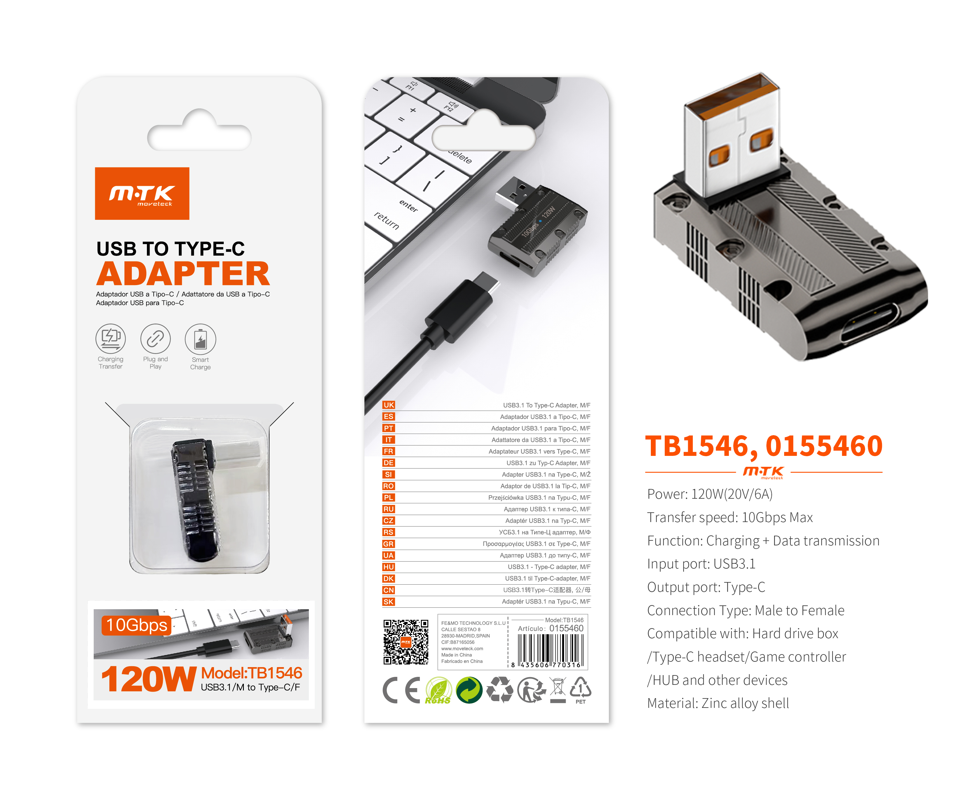 TB1546 NE Adaptador USB 3.1 (Macho) a Type-C(Hembra), Soporta transmision de datos y carga 10 Gbps/1