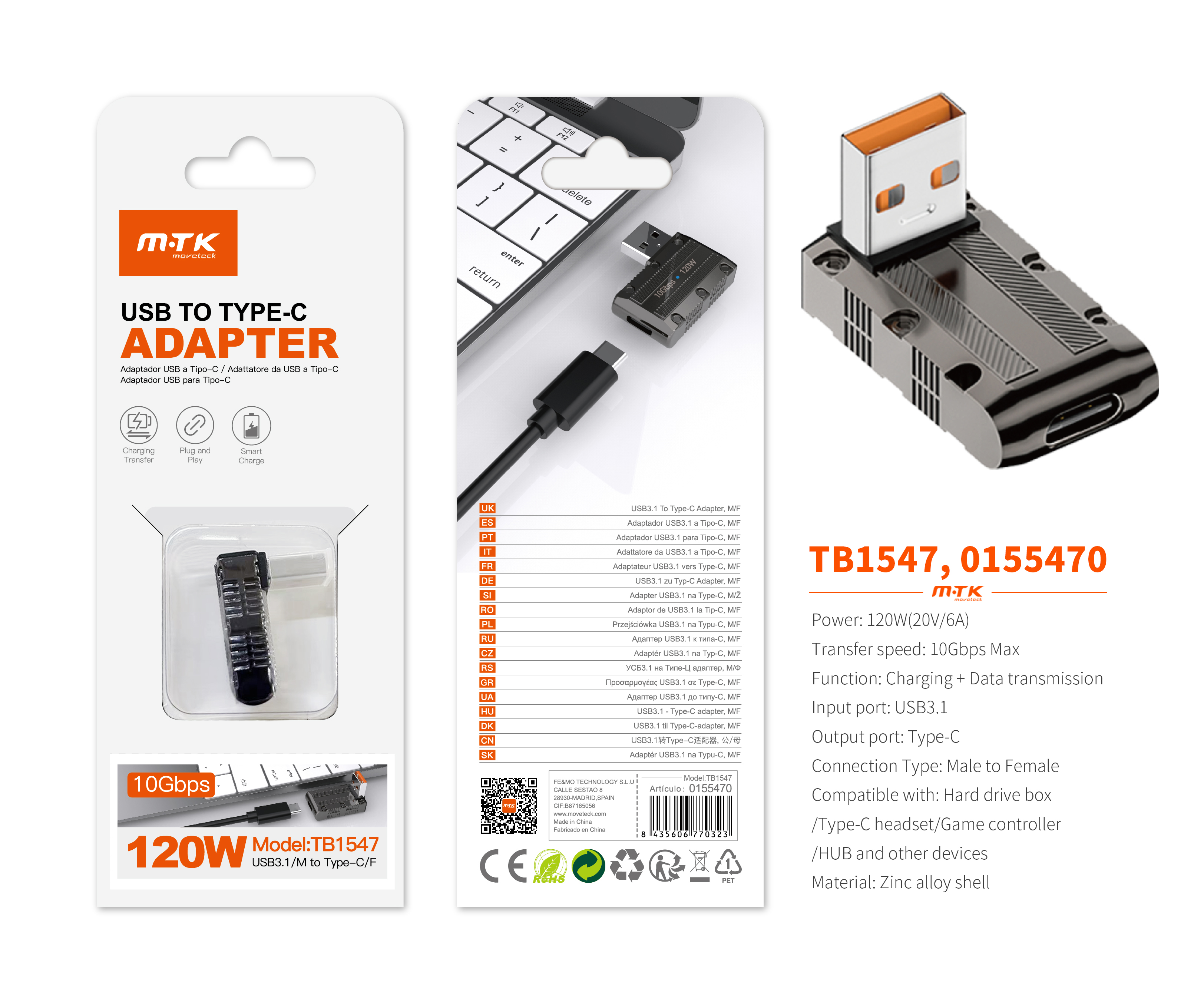 TB1547 NE Adaptador USB 3.1 (Macho) a Type-C(Hembra), Soporta transmision de datos y carga 10 Gbps/1