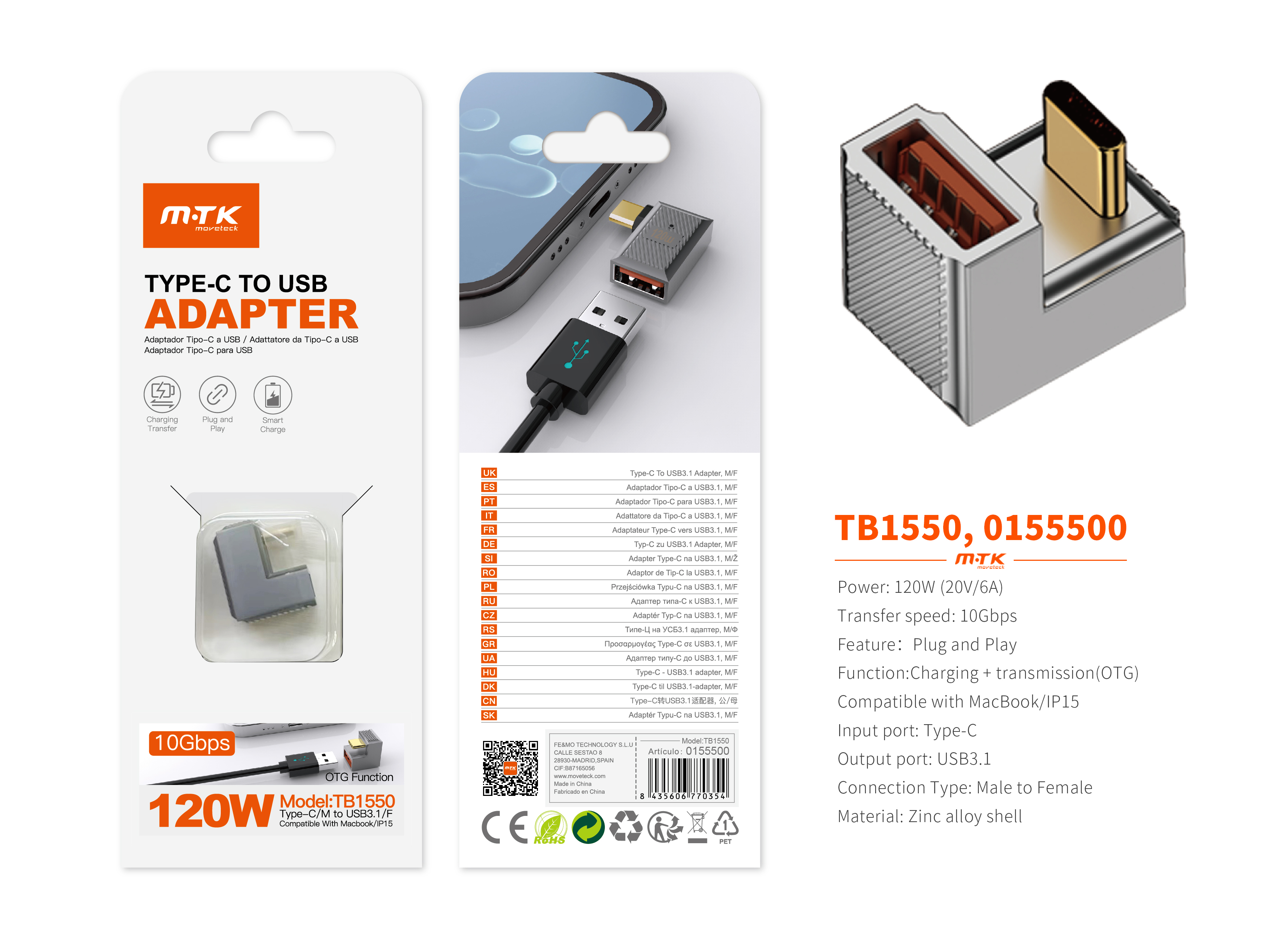 TB1550 PT Adaptador Type-C(Macho)a USB 3.1 (Hembra), Soporta transmision de datos OTG y carga 10 Gbp