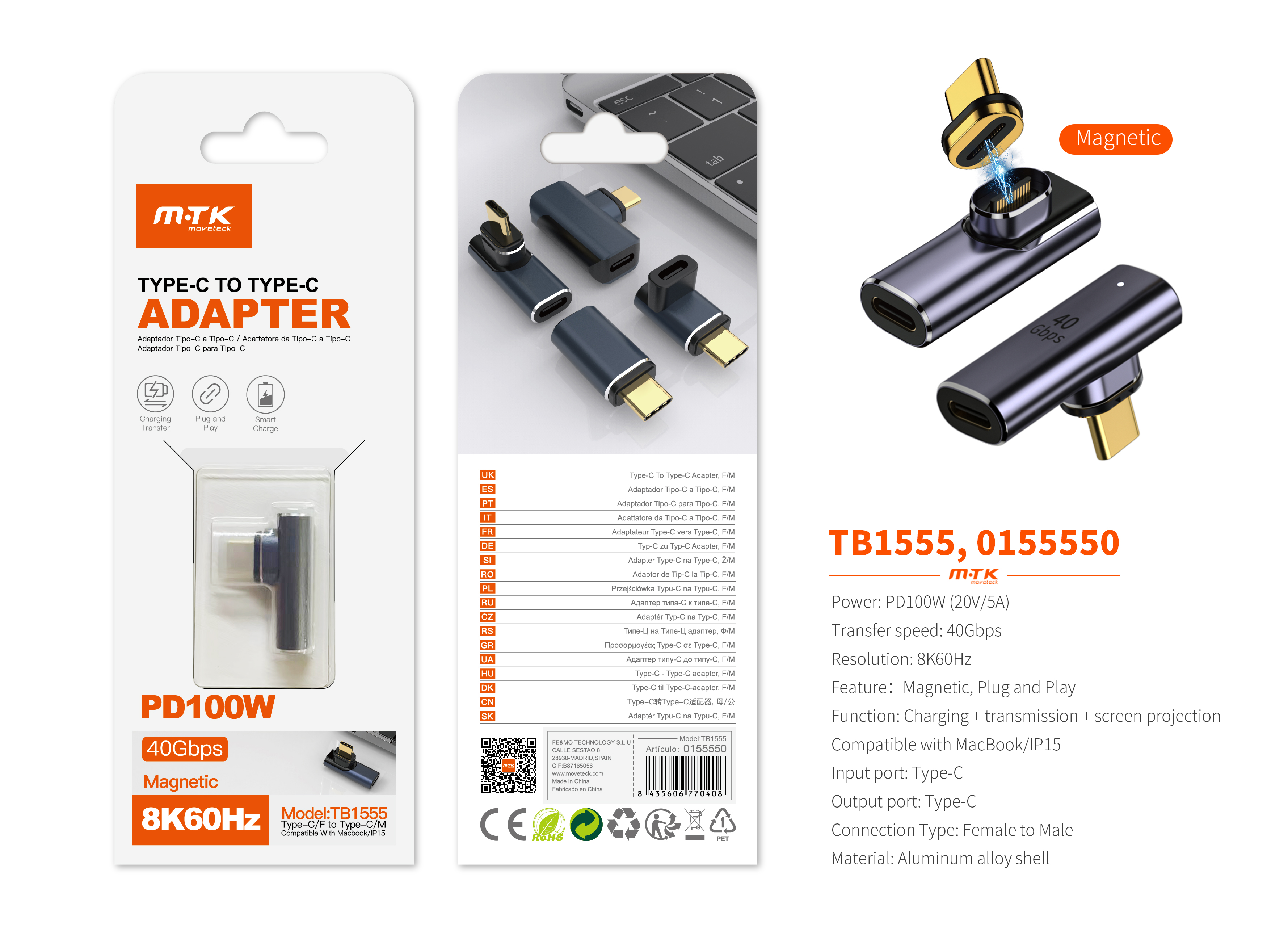 TB1555 MR Adaptador MagMRtico Type-C(Macho)a Type-C (Hembra), Soporta transmision de datos/videos/ca