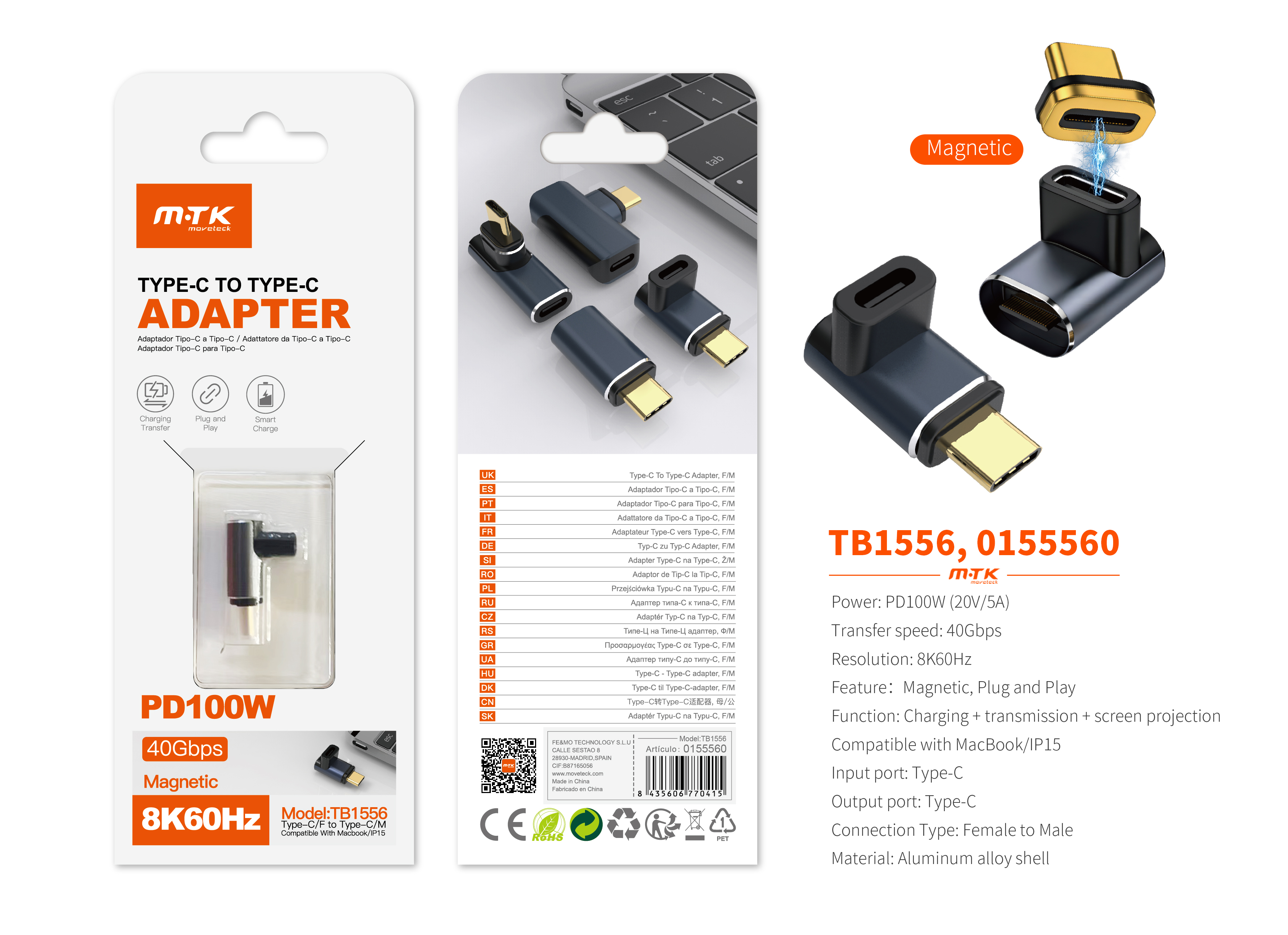 TB1556 MR Adaptador MagMRtico Type-C(Macho)a Type-C (Hembra), Soporta transmision de datos/videos/ca