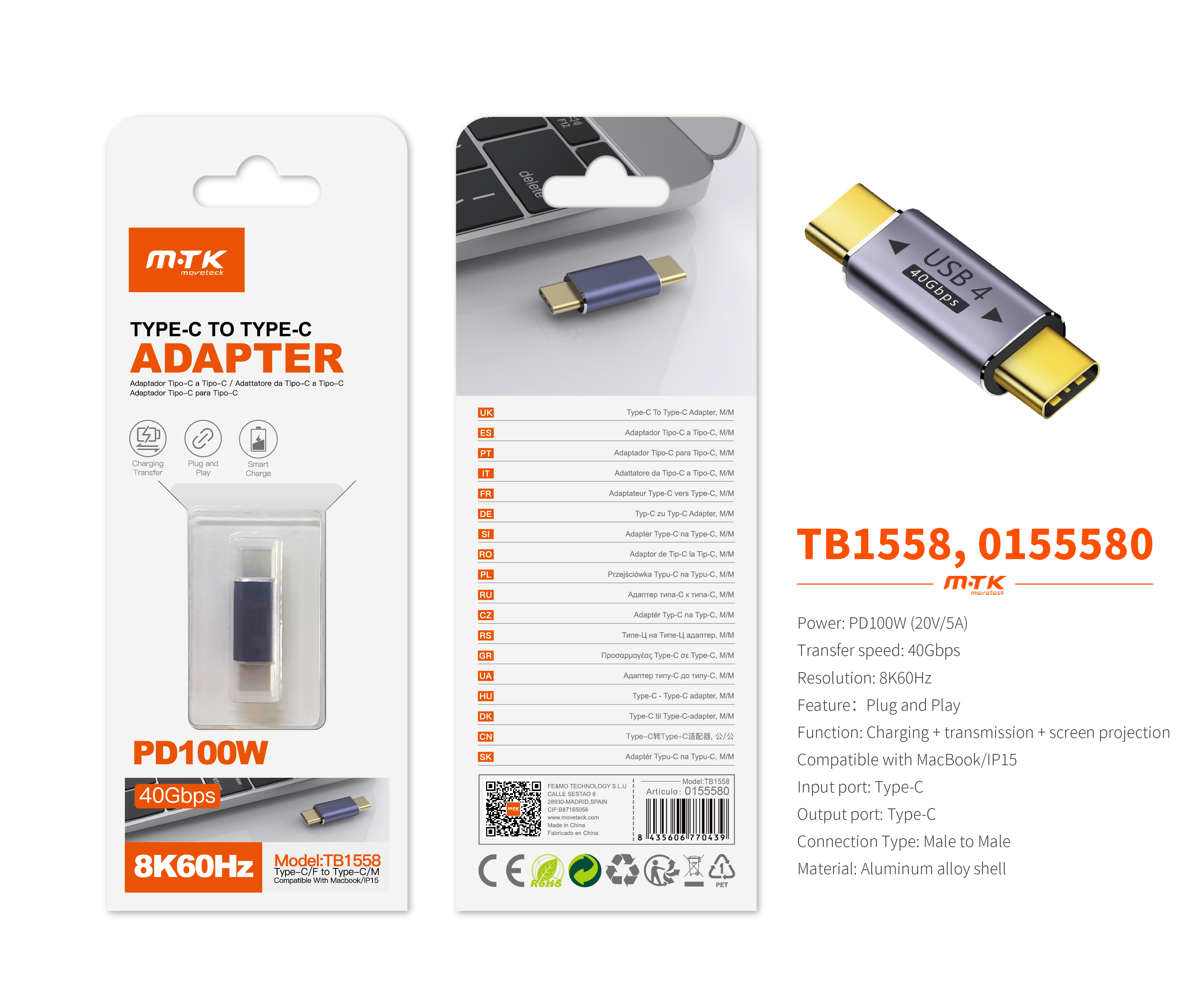 TB1558 MR Adaptador Type-C(Macho)a Type-C (Macho), Soporta transmision de datos/videos/carga 40 Gbps