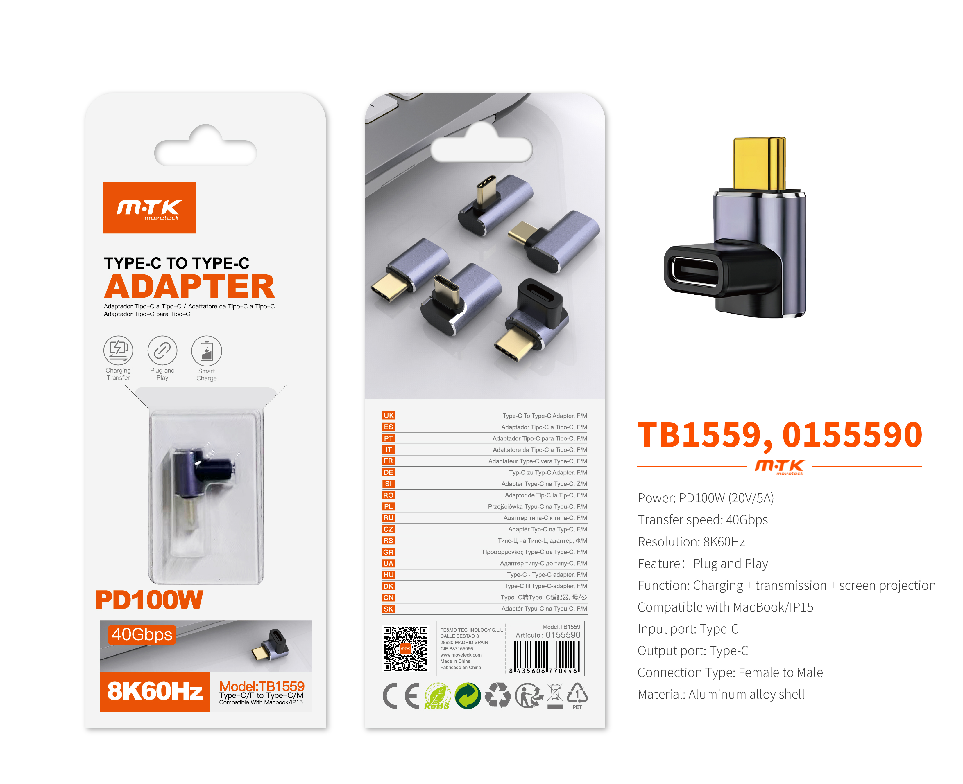 TB1559 MR Adaptador Type-C(Macho)a Type-C (Hembra), Soporta transmision de datos/videos/carga 40 Gbp