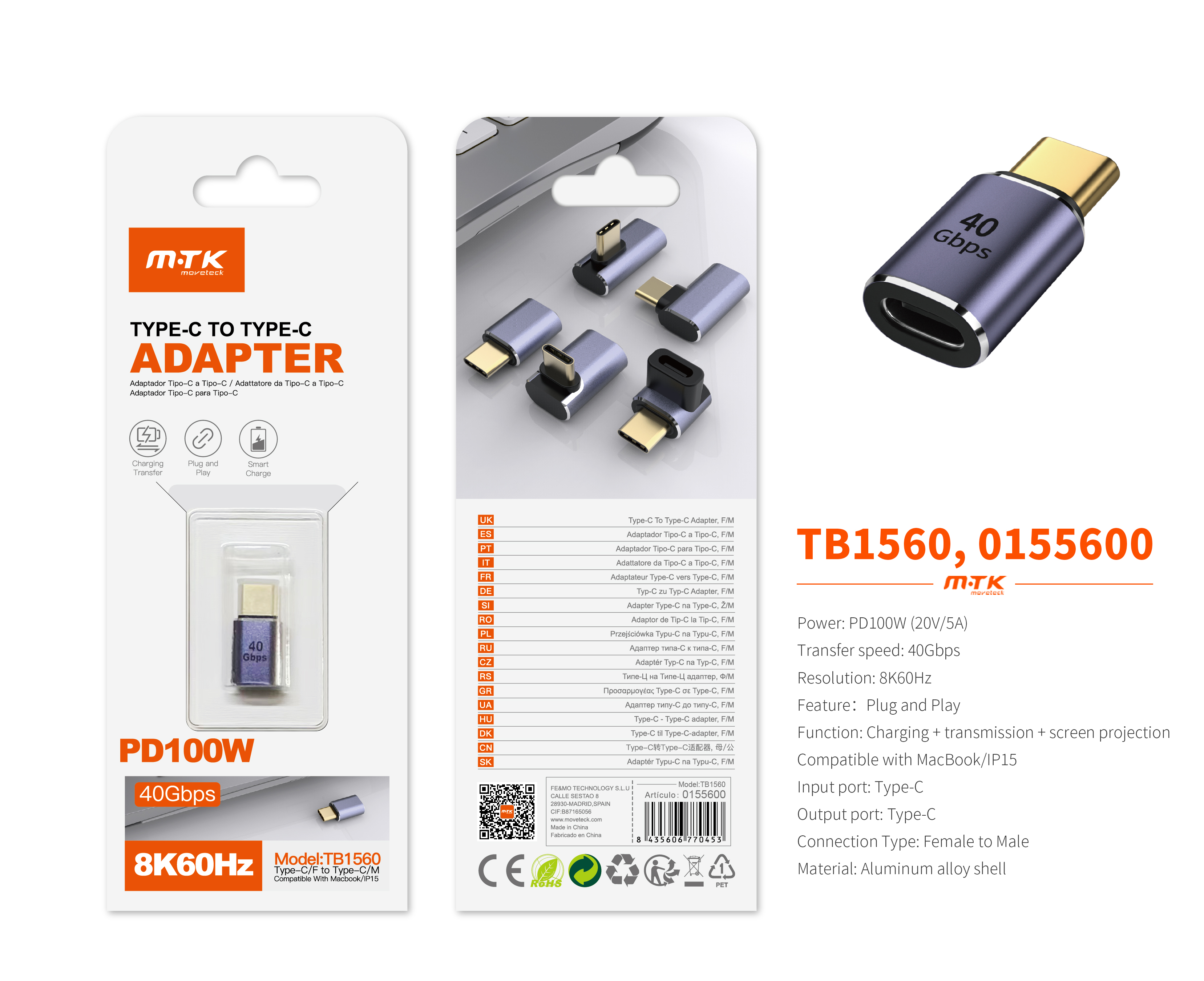 TB1560 MR Adaptador Type-C(Macho)a Type-C (Hembra), Soporta transmision de datos/videos/carga 40 Gbp